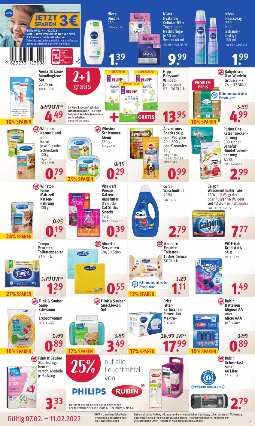 Aktueller Prospekt Rossmann - Prospekte - von 07.02 bis 11.02.2022 - strona 12 - produkty: adventuros, alouette, angebot, angebote, babydream, batterie, batterien, beutel, bier, brita, calgon, cellular filler, Coral, coupon, dell, dreamies, dusche, eis, elle, elmex, feuchtes toilettenpapier, filterkartuschen, haarspray, hipp, Hundetrockennahrung, hyaluron, jumbo, katzennahrung, kraft, leuchtmittel, LG, Maxtra, Mode, Mundhygiene, nachtpflege, nassfutter, natur, nivea, oder schaumfestiger, papier, pedigree, purina, reis, Rubin, rum, sac, schaumfestiger, schwamm, Serum, Serviette, servietten, snack, snacks, Spektrum, staubsauger, staubsaugerbeutel, teller, Tempo, Ti, Tiere, toilettenpapier, toilettentücher, Trockennahrung, tücher, vita, vitakraft, waschmittel, wasser, wasserenthärter, Wasserenthärter Tabs, wc frisch, windeln