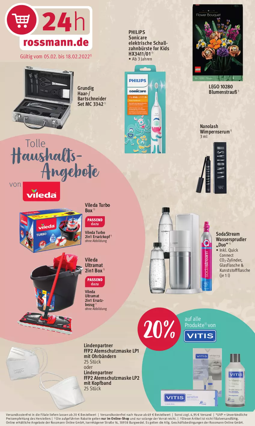 Aktueller Prospekt Rossmann - Prospekte - von 07.02 bis 11.02.2022 - strona 15 - produkty: angebot, angebote, Atemschutzmaske, bartschneider, blume, blumen, Blumenstrauß, bürste, eis, elle, FFP2, flasche, glasflasche, grundig, LG, Maske, ndk, Philips, rama, reis, rum, Schal, Serum, Soda, sodastream, sonicare, teller, Ti, versandkostenfrei, vileda, wasser, wassersprudler, wedel, zahnbürste