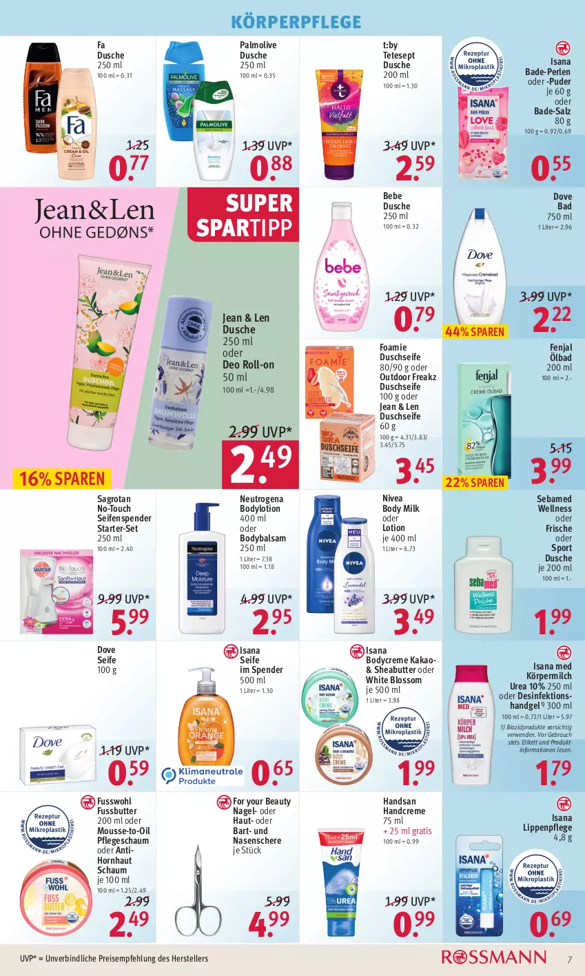 Aktueller Prospekt Rossmann - Prospekte - von 07.02 bis 11.02.2022 - strona 7 - produkty: Bad, balsam, Bebe, bio, biozidprodukte, body, body milk, bodylotion, butter, creme, deo, deo roll-on, Desinfektion, dove, dusche, eis, elle, For Your Beauty, Fusswohl, handcreme, isana, kakao, körperpflege, Lippenpflege, Lotion, milch, mousse, neutrogena, nivea, oder deo roll-on, olive, palmolive, perlen, Rauch, reis, roll-on, rwe, sagrotan, salz, sana, Schere, sebamed, Seife, seifenspender, Sheabutter, spartipp, Sport, teller, Ti, Yo