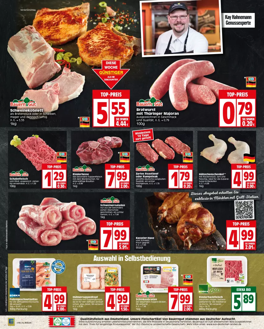 Aktueller Prospekt Edeka - Angebote der Woche - von 18.09 bis 23.09.2023 - strona 4 - produkty: auer, axe, backofen, Bau, Bauer, bauerngut, bio, braten, deka, discount, edeka bio, eintopf, eis, elle, fleisch, Geflügel, geschnetzeltes, gewürz, hackfleisch, hähnchenschenkel, Haxe, henkel, hühner, Hühnersuppe, jungbullen, kasseler, küche, lebensmittel, LG, mac, nero, nuss, oder rumpsteak, Ofen, pute, Putengeschnetzeltes, reis, rind, rinder, rinderhackfleisch, ring, rouladen, rum, rumpsteak, rwe, saft, Schal, Schale, schenkel, schinken, schinkenbraten, schnitten, schwein, schweine, Schweineroulade, steak, suppe, suppen, suppenfleisch, Ti, top-preis, topf, wein, weine, Zelt, ZTE