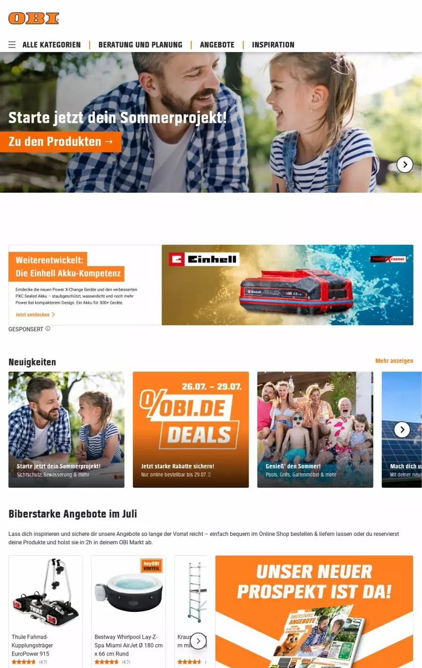 Aktueller Prospekt Obi - Prospekte - von 30.07 bis 07.08.2024 - strona 1 - produkty: akku, angebot, angebote, bestway, decke, elle, Fahrrad, Garten, gartenmöbel, grill, mac, möbel, pool, Thule, Ti, wasser, Whirlpool