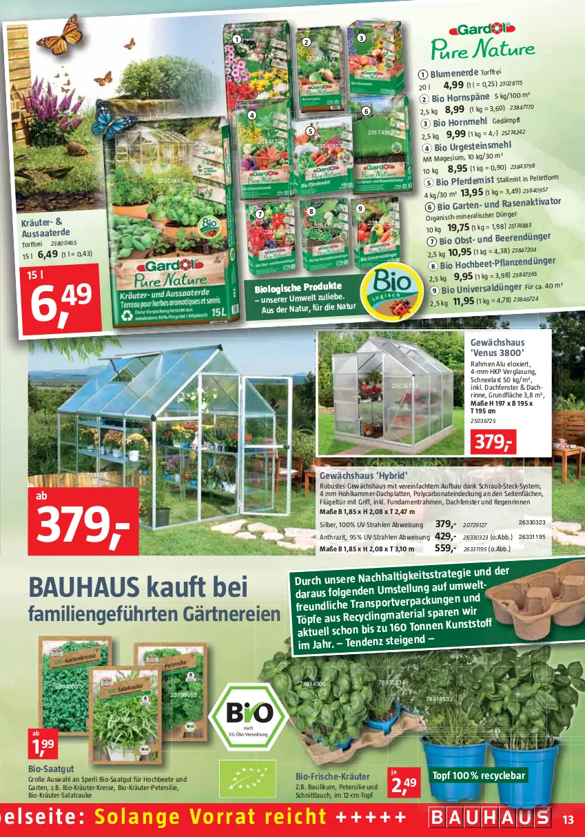 Aktueller Prospekt Bauhaus - Prospekte - von 29.01 bis 26.02.2022 - strona 13 - produkty: basilikum, Bau, beere, beeren, bio, blume, blumen, blumenerde, Bona, Clin, dünger, eis, elle, erde, fenster, Garten, Gewächshaus, HP, kräuter, latte, LG, mehl, natur, obst, petersilie, pflanze, pflanzen, rasen, salat, schnittlauch, Sport, Ti, topf, venus