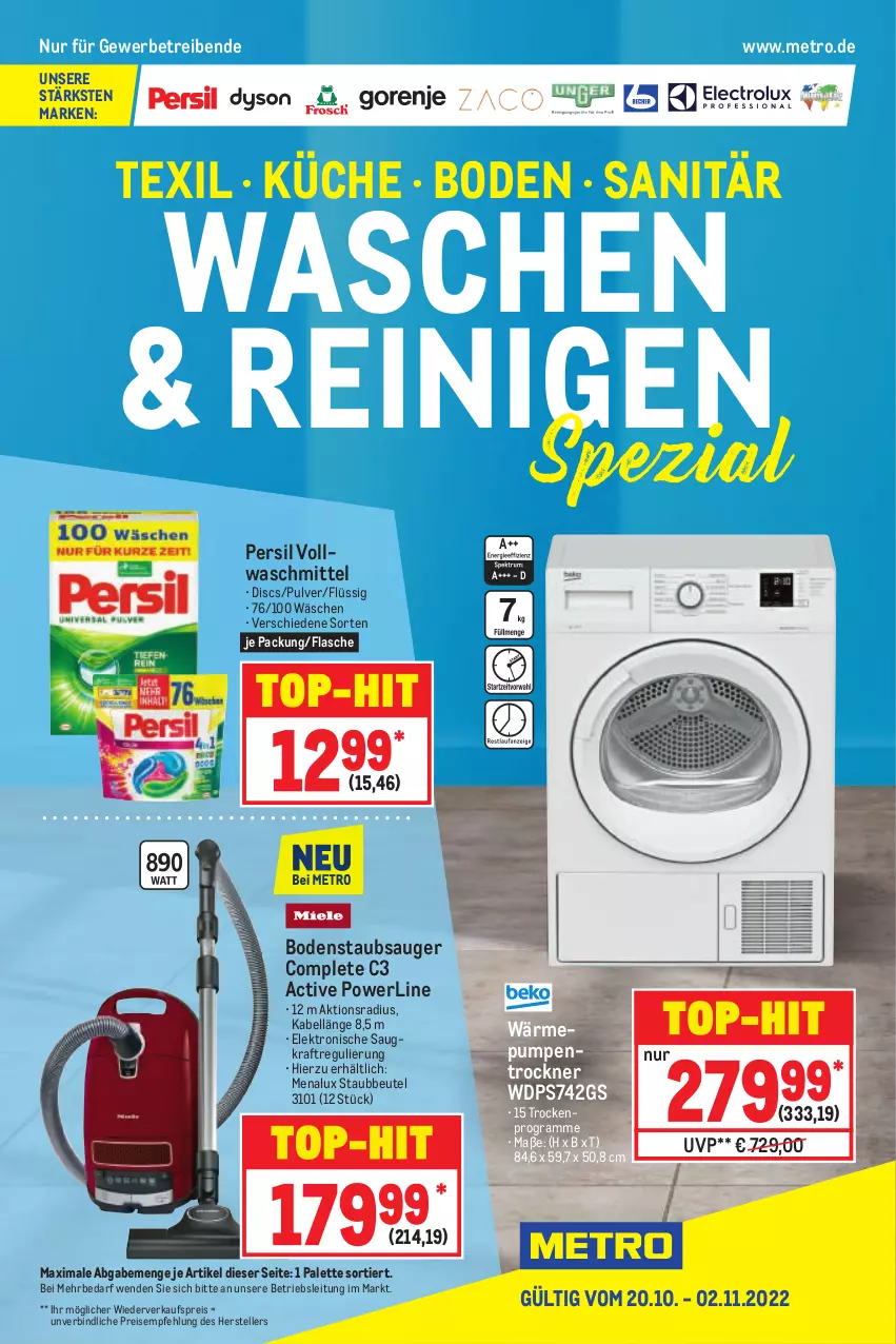 Aktueller Prospekt Metro - Waschen & Reinigen Spezial - von 20.10 bis 02.11.2022 - strona 1 - produkty: beutel, bodenstaubsauger, eis, Elektro, elle, flasche, kraft, küche, menalux, Metro, Palette, persil, reis, Spezi, staubbeutel, staubsauger, teller, Ti, top-hit, Trockner, vollwaschmittel, wärmepumpentrockner, waschmittel