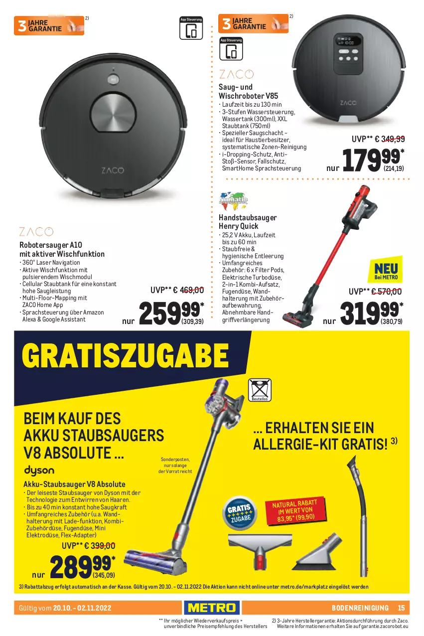 Aktueller Prospekt Metro - Waschen & Reinigen Spezial - von 20.10 bis 02.11.2022 - strona 15 - produkty: adapter, akku, Akku-Staubsauger, alexa, amazon alexa, aust, auto, Dyson, eis, Elektro, elle, erde, handstaubsauger, kraft, LG, Metro, natur, natura, Pods, Reinigung, reis, sonderposten, Spezi, staubsauger, Stier, teller, Ti, tisch, wandhalterung, wasser, wassertank