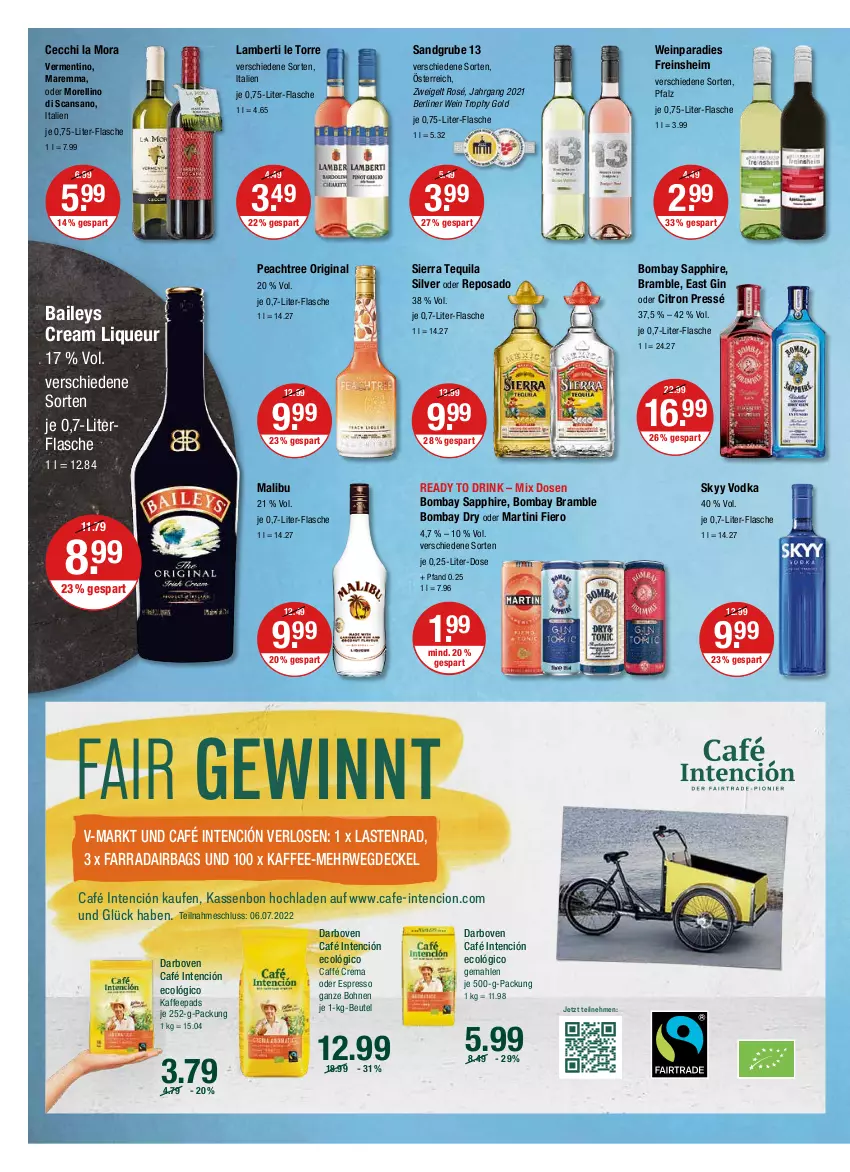 Aktueller Prospekt Vmarkt - V-Markt - von 30.06 bis 06.07.2022 - strona 10 - produkty: Amber, baileys, berliner, beutel, bohne, bohnen, bombay sapphire, darbo, darboven, decke, Deckel, drink, espresso, Fahrrad, flasche, gin, kaffee, kaffeepads, liqueur, Malibu, martini, Morelli, oder espresso, rel, rwe, sapphire, Sierra, sierra tequila, skyy, Skyy Vodka, tequila, Ti, vodka, wein, Zweigelt