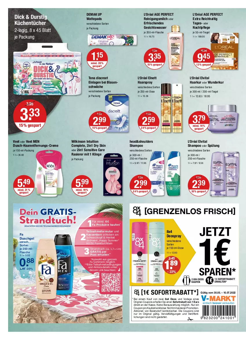 Aktueller Prospekt Vmarkt - V-Markt - von 30.06 bis 06.07.2022 - strona 12 - produkty: coupon, coupons, creme, deo, deospray, Discreet, duschgel, eier, elnett, elvital, fa duschgel, flasche, Gesichtswasser, gin, Haarentfernung, Haarentfernungs-Creme, haarspray, henkel, je 50-ml-tiegel, küche, Küchen, küchentücher, milch, nachtpflege, rasierer, Reinigung, Reinigungsmilch, schwarzkop, schwarzkopf, shampoo, shampoo oder spülung, sofortrabatt, spülung, strandtuch, Ti, tuc, tücher, veet, vita, wasser, wattepads, wilkinson