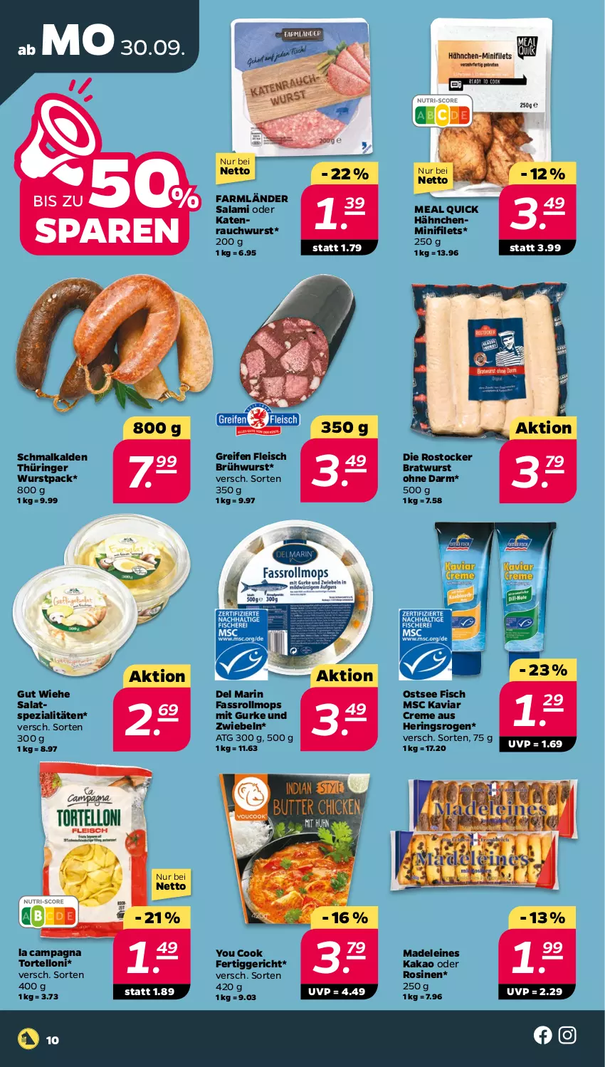 Aktueller Prospekt Netto - Woche 40 - von 30.09 bis 05.10.2024 - strona 10 - produkty: bratwurst, Brühwurst, creme, eis, fertiggericht, filet, filets, fisch, fleisch, gurke, hering, Herings, kakao, leine, Rauch, reifen, ring, Rostocker, salami, salat, Spezi, Ti, torte, tortelloni, wurst, Yo, zwiebel, zwiebeln