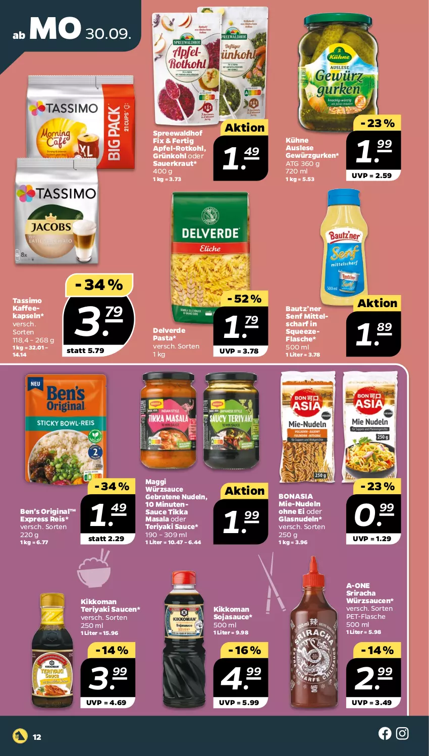 Aktueller Prospekt Netto - Woche 40 - von 30.09 bis 05.10.2024 - strona 12 - produkty: apfel, auer, Bau, Ben’s Original, Bona, braten, eis, erde, flasche, gewürz, Gewürzgurke, gewürzgurken, gin, gurke, gurken, kaffee, kaffeekapseln, kikkoman, Kraut, Kühne, maggi, nudel, nudeln, pasta, pet-flasche, reis, rotkohl, sauce, saucen, Sauerkraut, senf, sim, soja, sojasauce, spreewaldhof, Sriracha, tassimo, Ti, würzsauce, würzsaucen