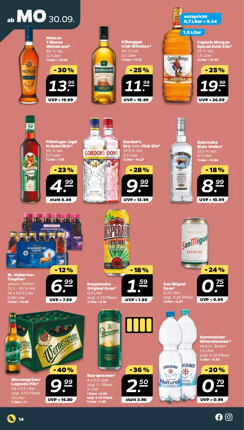 Aktueller Prospekt Netto - Woche 40 - von 30.09 bis 05.10.2024 - strona 14 - produkty: Alwa, Cap, captain morgan, desperados, gerolsteine, gerolsteiner, gin, gordon, Gordon’s, irish whiskey, kilbeggan, kräuter, kräuterlikör, likör, Metaxa, mineralwasser, pils, Staropramen, steiner, vodka, wasser, wein, weinbrand, whiskey