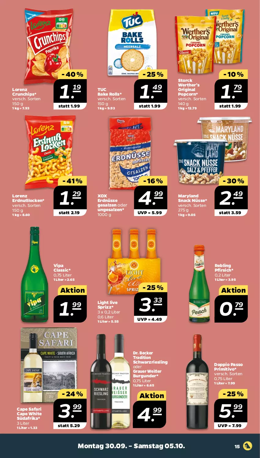 Aktueller Prospekt Netto - Woche 40 - von 30.09 bis 05.10.2024 - strona 15 - produkty: auer, burgunder, Cap, chips, crunchips, doppio passo, erdnüsse, gin, lorenz, lorenz crunchips, passo, pfirsich, popcorn, primitivo, riesling, salz, schwarzriesling, snack, Sprizz, storck, Ti, tuc