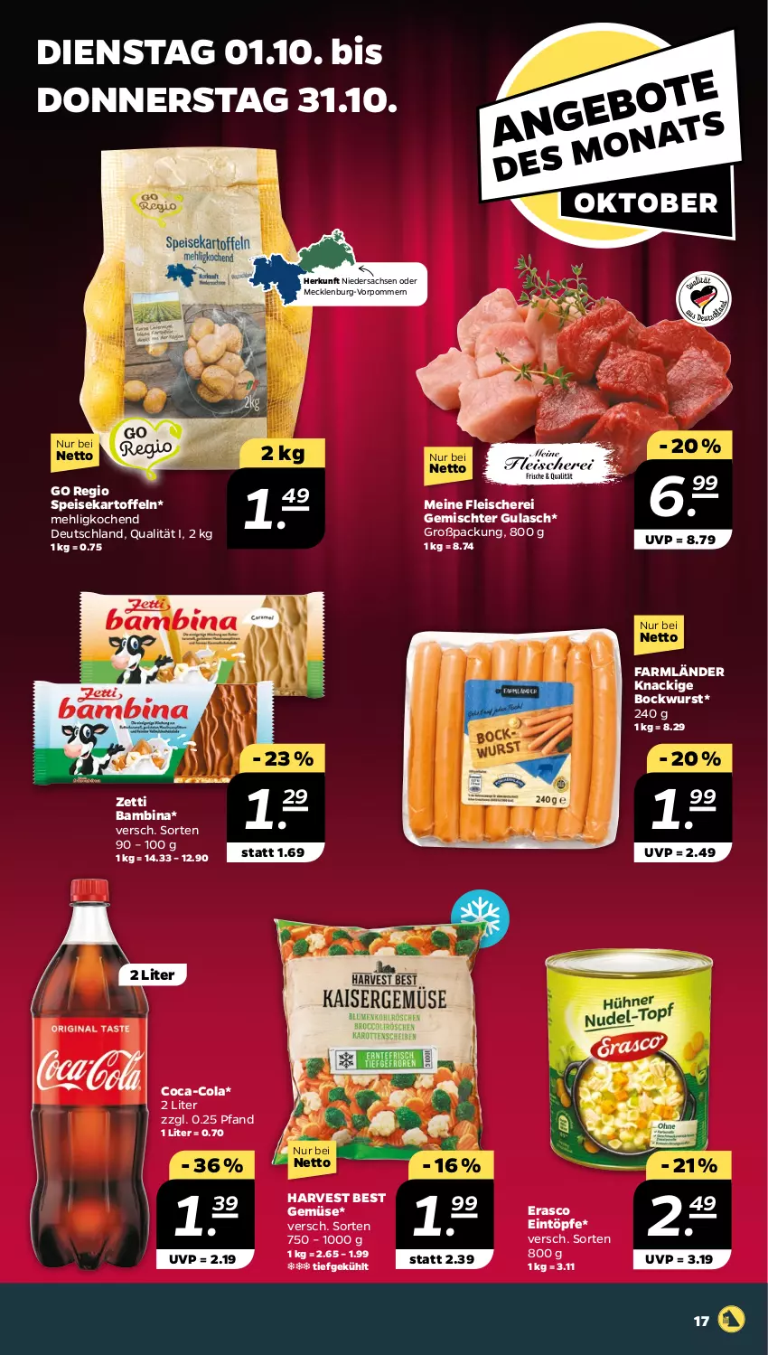 Aktueller Prospekt Netto - Woche 40 - von 30.09 bis 05.10.2024 - strona 17 - produkty: bockwurst, coca-cola, cola, eintöpfe, eis, erasco, fleisch, Fleischerei, gulasch, kartoffel, kartoffeln, mehl, sac, Schere, speisekartoffeln, Ti, wurst