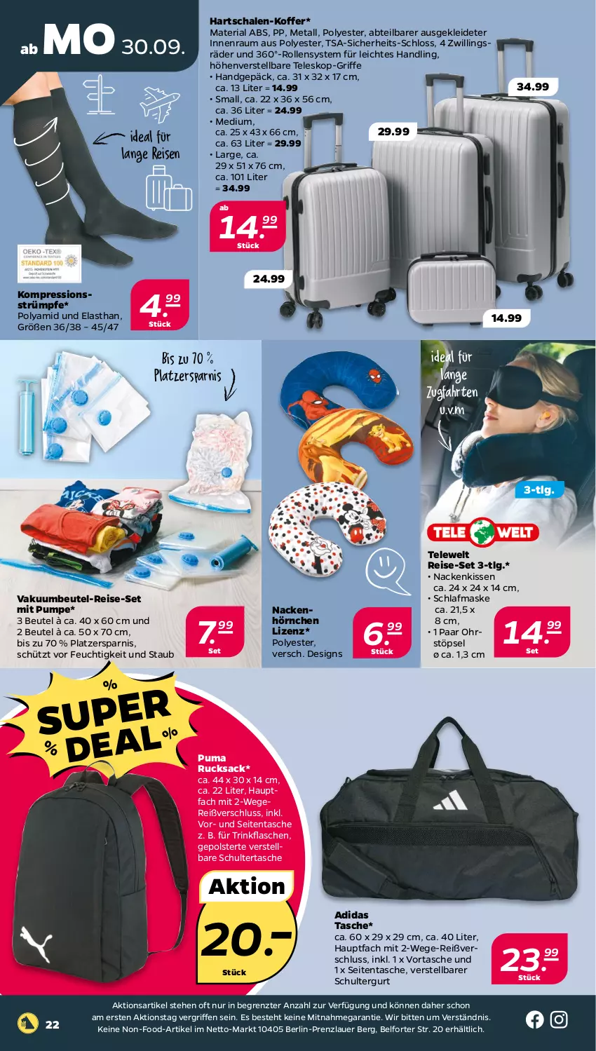 Aktueller Prospekt Netto - Woche 40 - von 30.09 bis 05.10.2024 - strona 22 - produkty: Abtei, Adidas, auer, beutel, eis, flasche, hörnchen, kissen, kleid, koffer, LG, Maske, nackenkissen, puma, reis, Ria, rucksack, sac, Schal, Schale, schultergurt, Schultertasche, strümpfe, Tasche, Teleskop, Ti, trinkflasche, Vakuumbeutel, ZTE