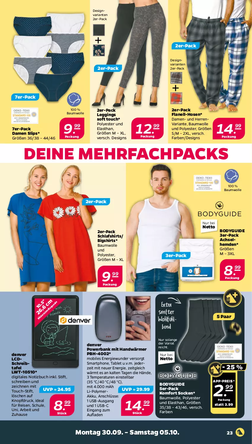 Aktueller Prospekt Netto - Woche 40 - von 30.09 bis 05.10.2024 - strona 23 - produkty: achselhemd, akku, Bank, Bau, baumwolle, body, buch, eis, gin, hemd, hemden, hose, hosen, HP, leggings, powerbank, reis, Ria, shirt, shirts, slip, slips, smartphone, socken, tablet, Ti, usb, wolle