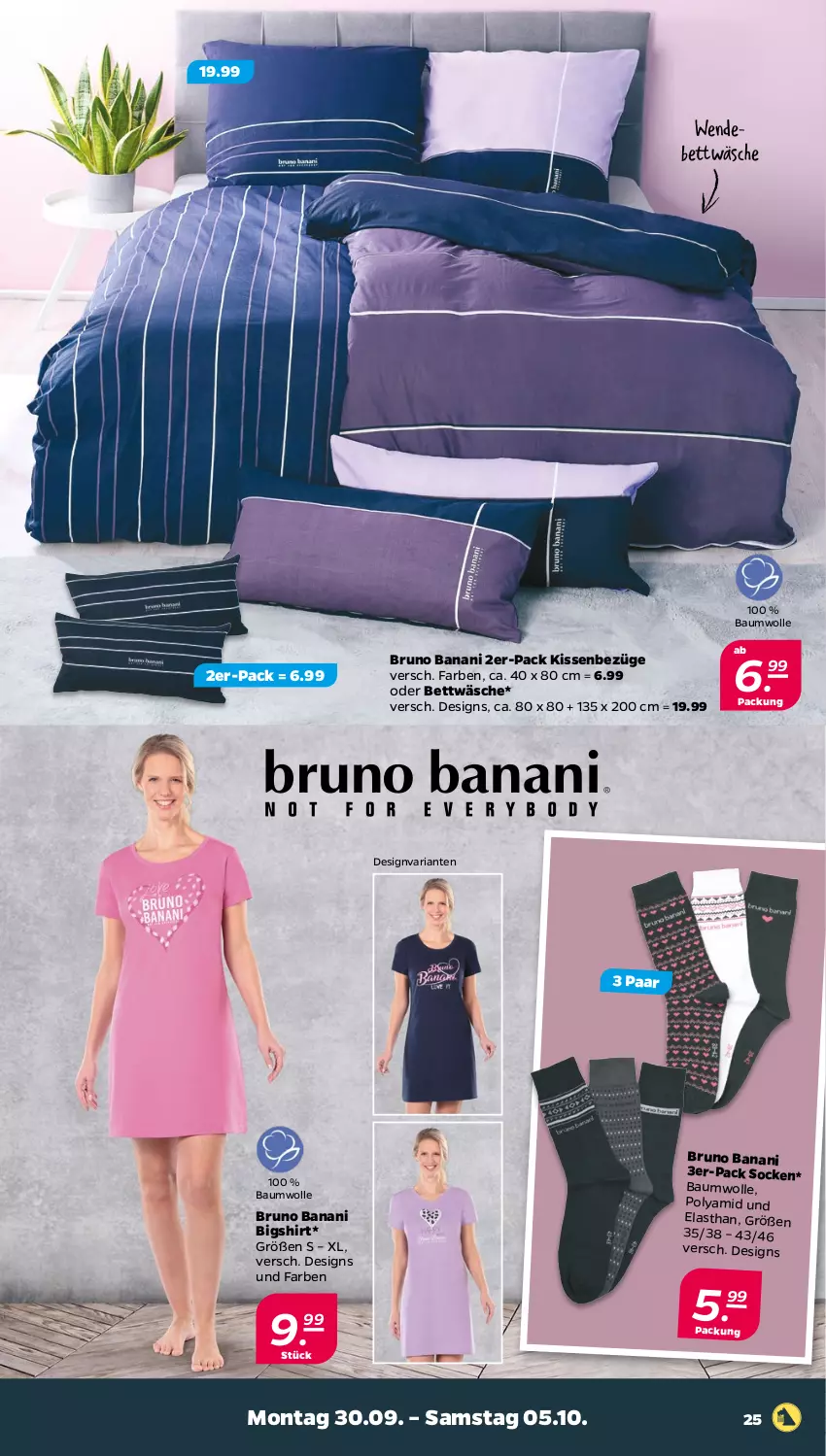 Aktueller Prospekt Netto - Woche 40 - von 30.09 bis 05.10.2024 - strona 25 - produkty: Bau, baumwolle, bett, bettwäsche, bruno banani, kissen, Ria, shirt, socken, wendebettwäsche, wolle