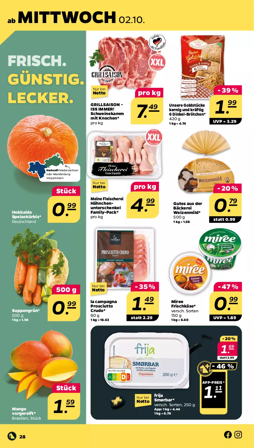 Aktueller Prospekt Netto - Woche 40 - von 30.09 bis 05.10.2024 - strona 28 - produkty: brötchen, eis, fleisch, Fleischerei, frischkäse, Goldstücke, grill, henkel, Käse, Kürbis, mango, miree, prosciutto, prosciutto crudo, reis, sac, schenkel, Schere, schwein, schweine, suppe, suppen, Ti, wein, weine