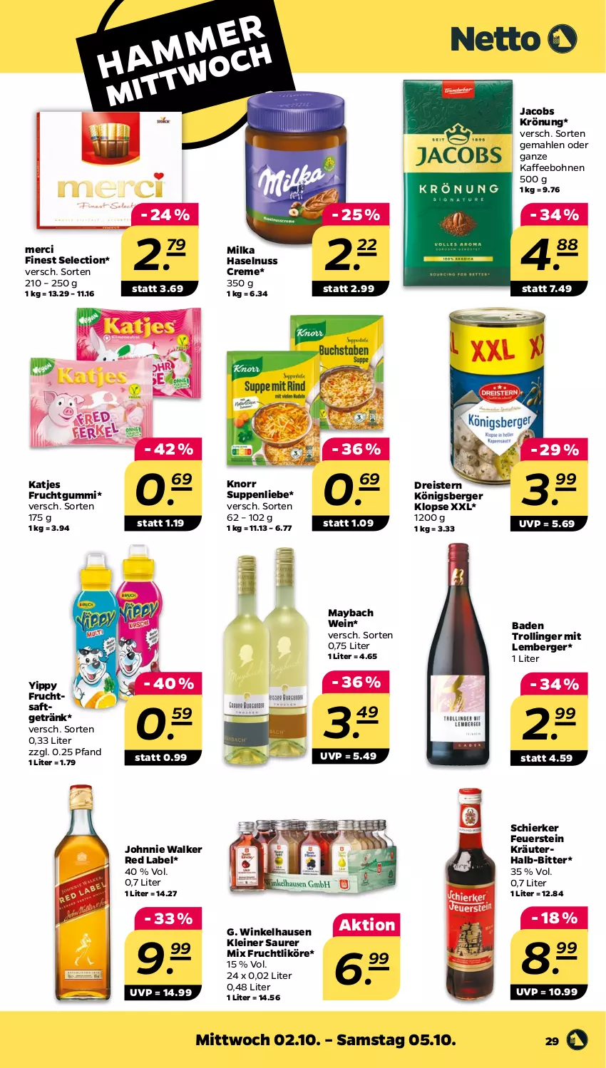 Aktueller Prospekt Netto - Woche 40 - von 30.09 bis 05.10.2024 - strona 29 - produkty: Bad, Berger, bohne, bohnen, creme, dreistern, eis, frucht, fruchtgummi, fruchtsaft, fruchtsaftgetränk, getränk, haselnuss, jacobs, jacobs krönung, johnnie walker, kaffee, kaffeebohnen, katjes, knorr, Königsberger Klopse, kräuter, leine, likör, maybach, merci, milka, nuss, reis, saft, suppe, suppen, suppenliebe, Ti, trolli, trollinger, wein, winkelhausen