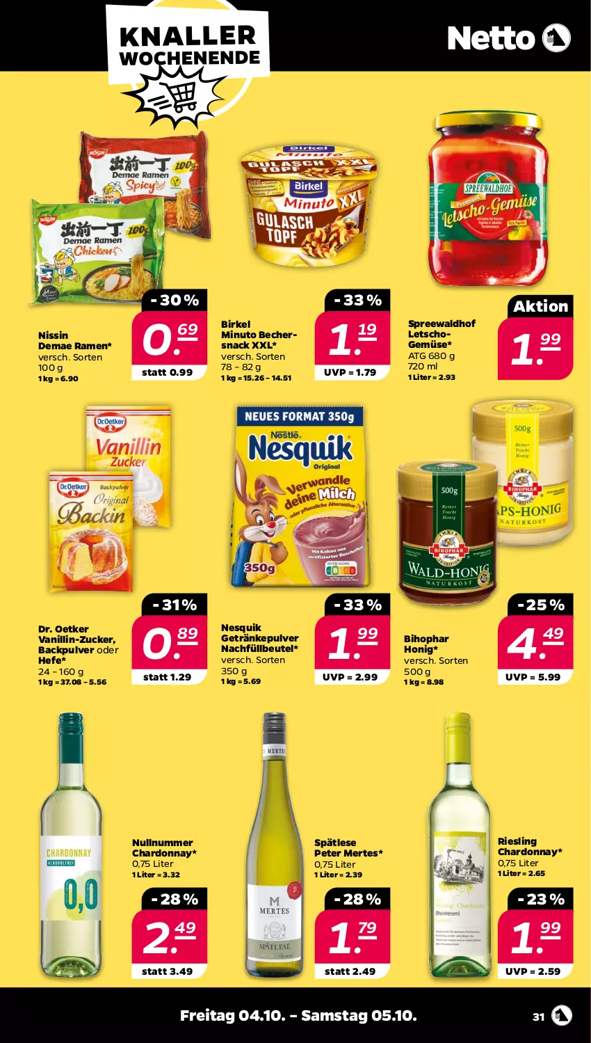 Aktueller Prospekt Netto - Woche 40 - von 30.09 bis 05.10.2024 - strona 31 - produkty: Becher, beutel, bihophar, birkel, chardonnay, Dr. Oetker, getränk, getränke, getränkepulver, Hefe, honig, Letscho, nesquik, Nissin, riesling, snack, spreewaldhof, Ti, zucker