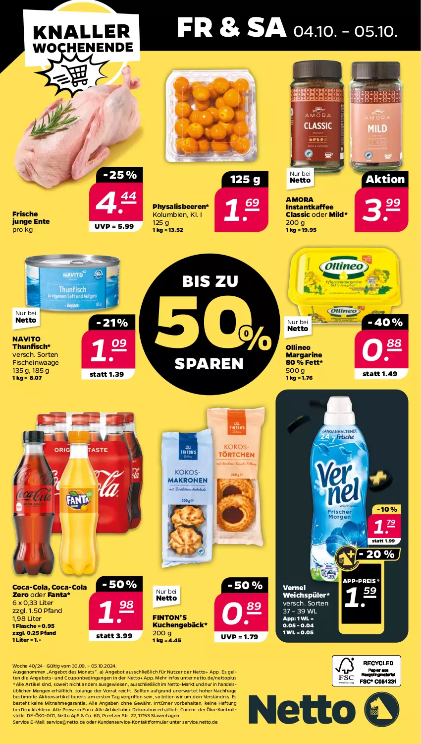 Aktueller Prospekt Netto - Woche 40 - von 30.09 bis 05.10.2024 - strona 32 - produkty: alle artikel ohne dekoration, angebot, beere, beeren, coca-cola, cola, coupon, dekoration, eis, elle, ente, fanta, fisch, fische, flasche, instantkaffee, kaffee, kuchen, margarine, Physalis, reis, thunfisch, Ti, vernel, Waage, weichspüler