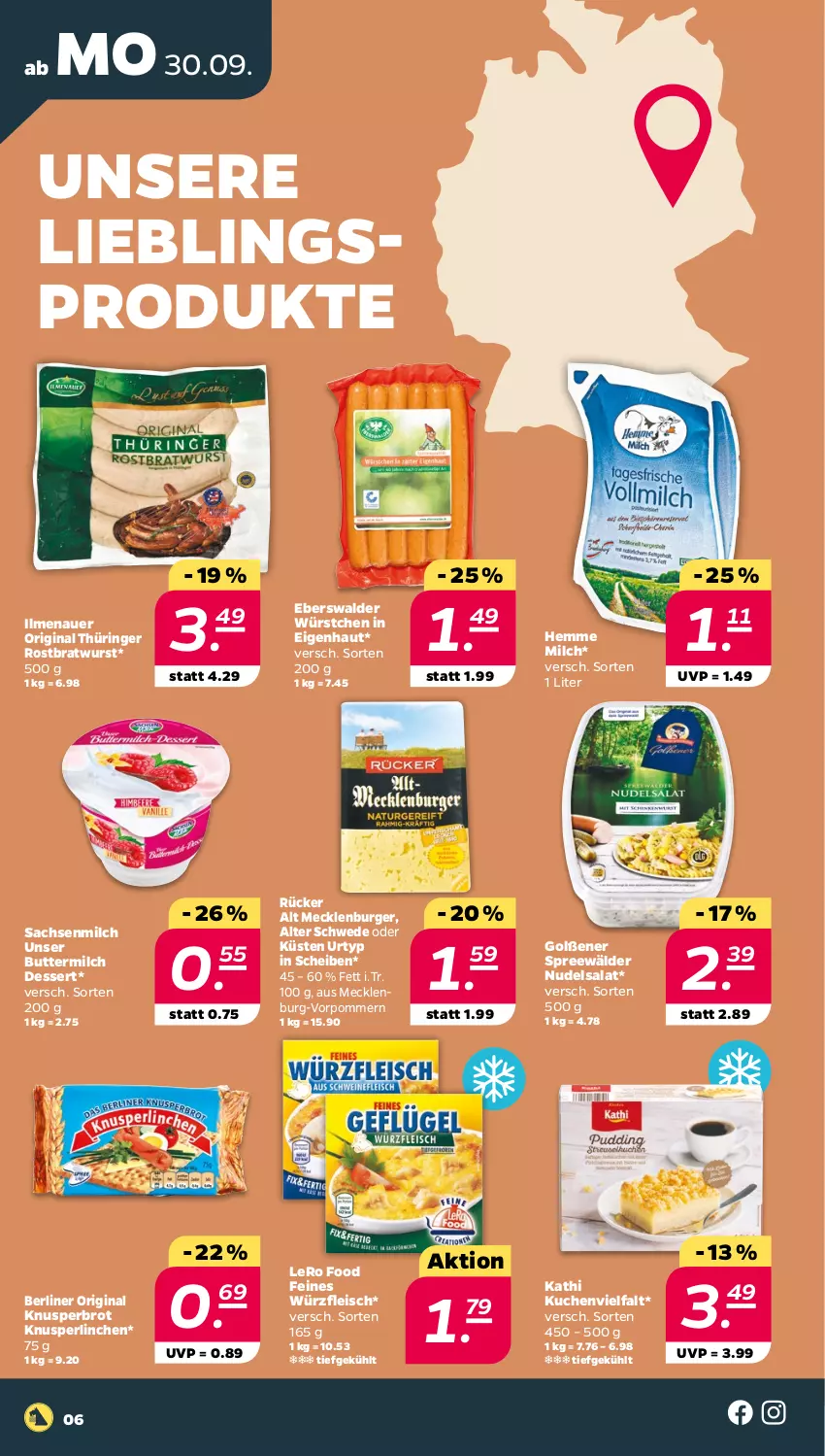 Aktueller Prospekt Netto - Woche 40 - von 30.09 bis 05.10.2024 - strona 6 - produkty: auer, berliner, bratwurst, brot, burger, butter, buttermilch, dessert, eis, fleisch, gin, Knusperlinchen, kuchen, milch, nudel, nudelsalat, original thüringer, ring, rostbratwurst, sac, salat, spreewälder, thüringer rostbratwurst, Ti, urtyp, wurst, würstchen