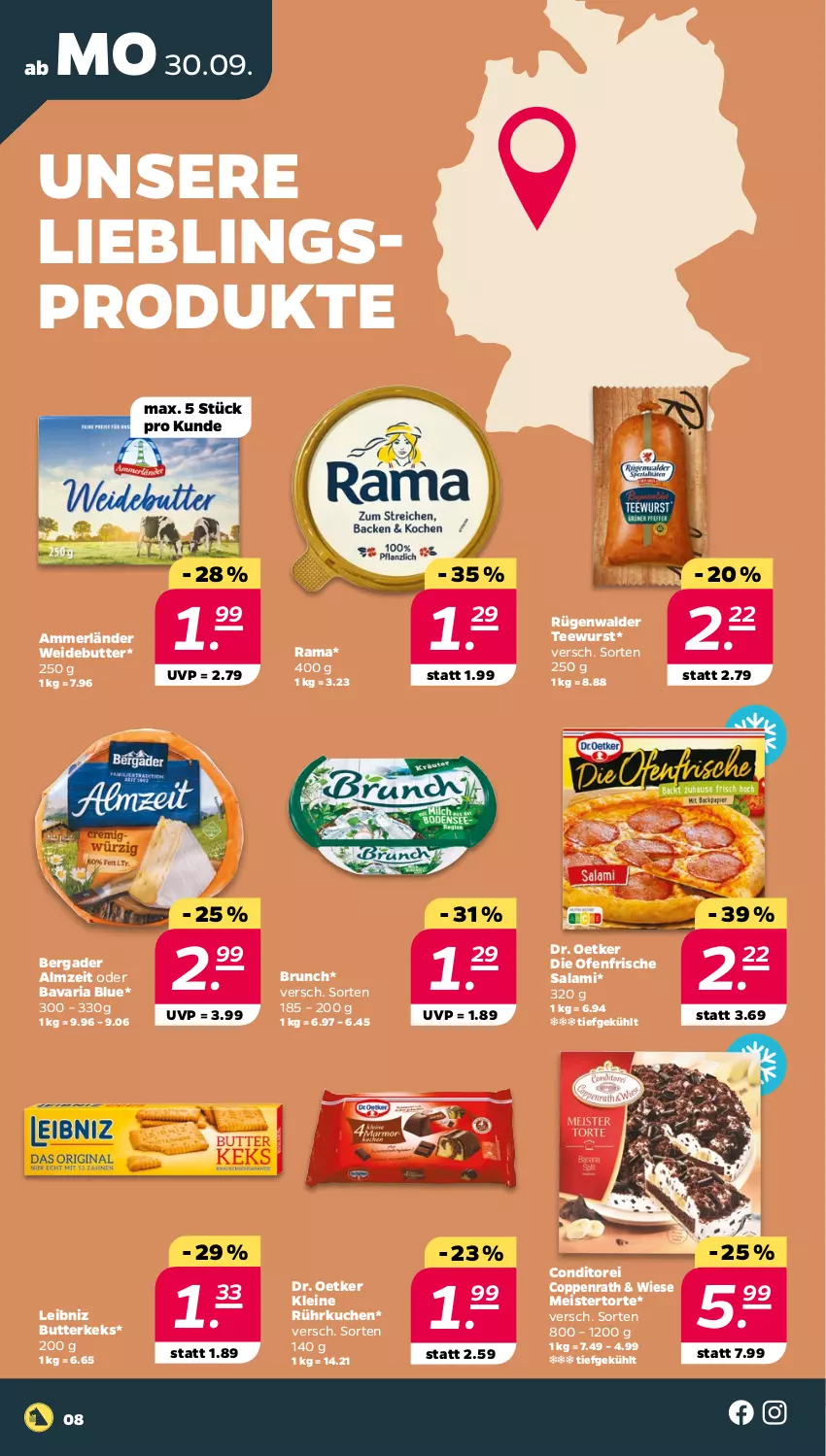 Aktueller Prospekt Netto - Woche 40 - von 30.09 bis 05.10.2024 - strona 8 - produkty: ammerländer, bavaria blu, bergader, butter, butterkeks, coppenrath, die ofenfrische, Dr. Oetker, eis, keks, kuchen, leibniz, leine, Meister, merl, Ofen, rama, Ria, rügenwalder, salami, tee, teewurst, Ti, torte, wurst