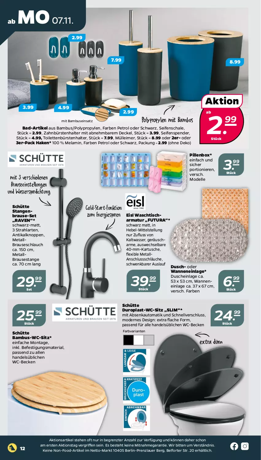 Aktueller Prospekt Netto - Woche 45 - von 07.11 bis 12.11.2022 - strona 12 - produkty: armatur, auer, auto, Bad, bambus, brause, brauseschlauch, bürste, bürsten, decke, Deckel, dell, dusche, eimer, eis, elle, leimer, Mode, passend für alle, Ria, Schal, Schale, schlauch, schläuche, Seife, seifenspender, Ti, tisch, Wanne, waschtisch, waschtischarmatur, wasser, wc-sitz, zahnbürste, zahnbürsten, ZTE