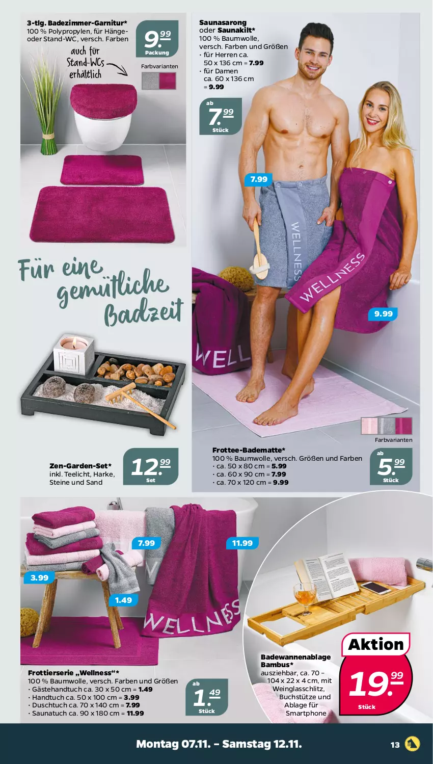 Aktueller Prospekt Netto - Woche 45 - von 07.11 bis 12.11.2022 - strona 13 - produkty: Bad, badematte, Badewanne, bambus, Bau, baumwolle, buch, duschtuch, garnitur, handtuch, LG, Ria, saro, Sarong, Saunakilt, Saunatuch, smartphone, tee, Teelicht, Ti, tuc, Wanne, wein, wolle