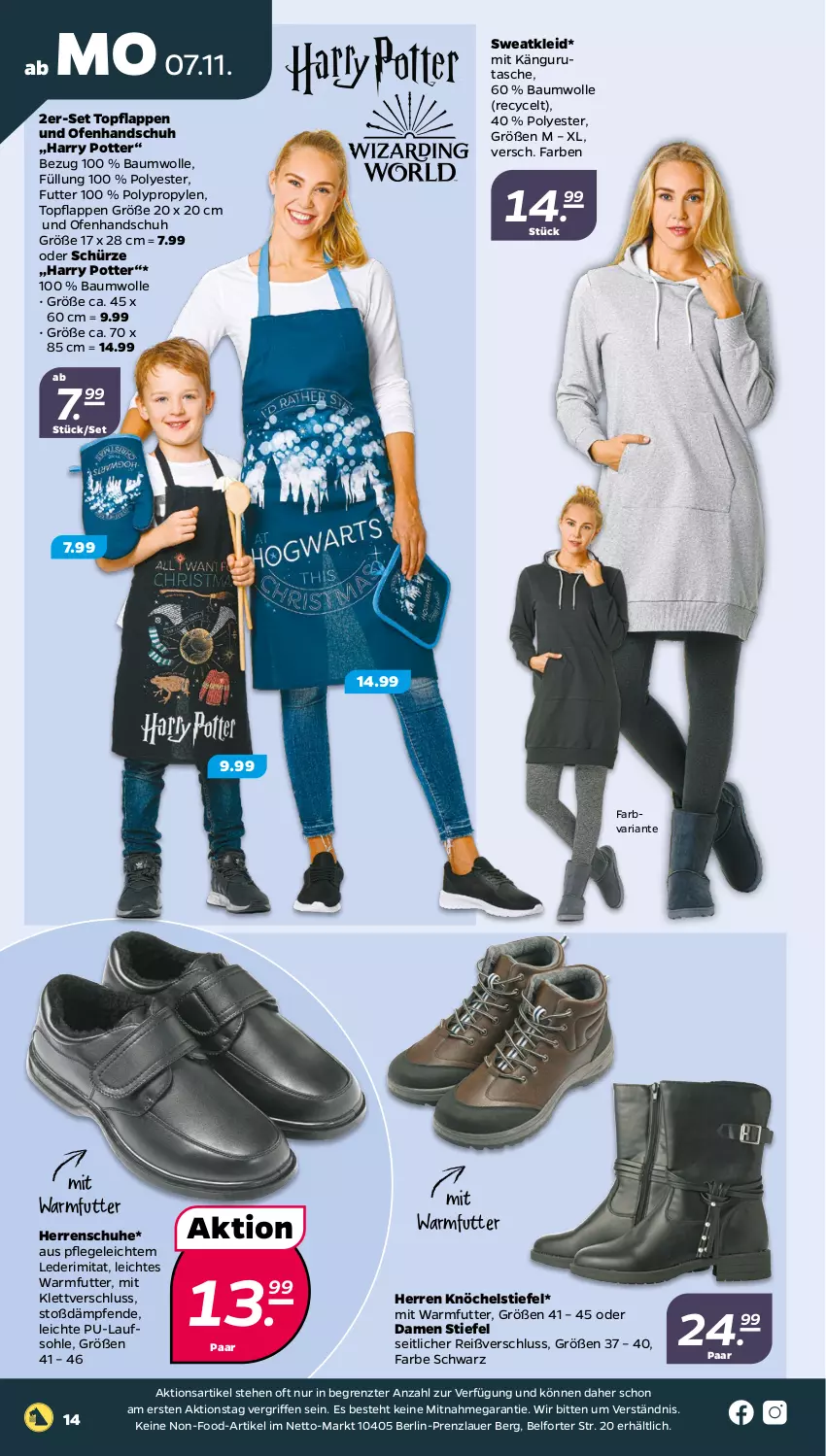 Aktueller Prospekt Netto - Woche 45 - von 07.11 bis 12.11.2022 - strona 14 - produkty: auer, Bau, baumwolle, kleid, Ofen, Ria, schuhe, Schürze, Sweatkleid, Tasche, Ti, topf, wolle, ZTE