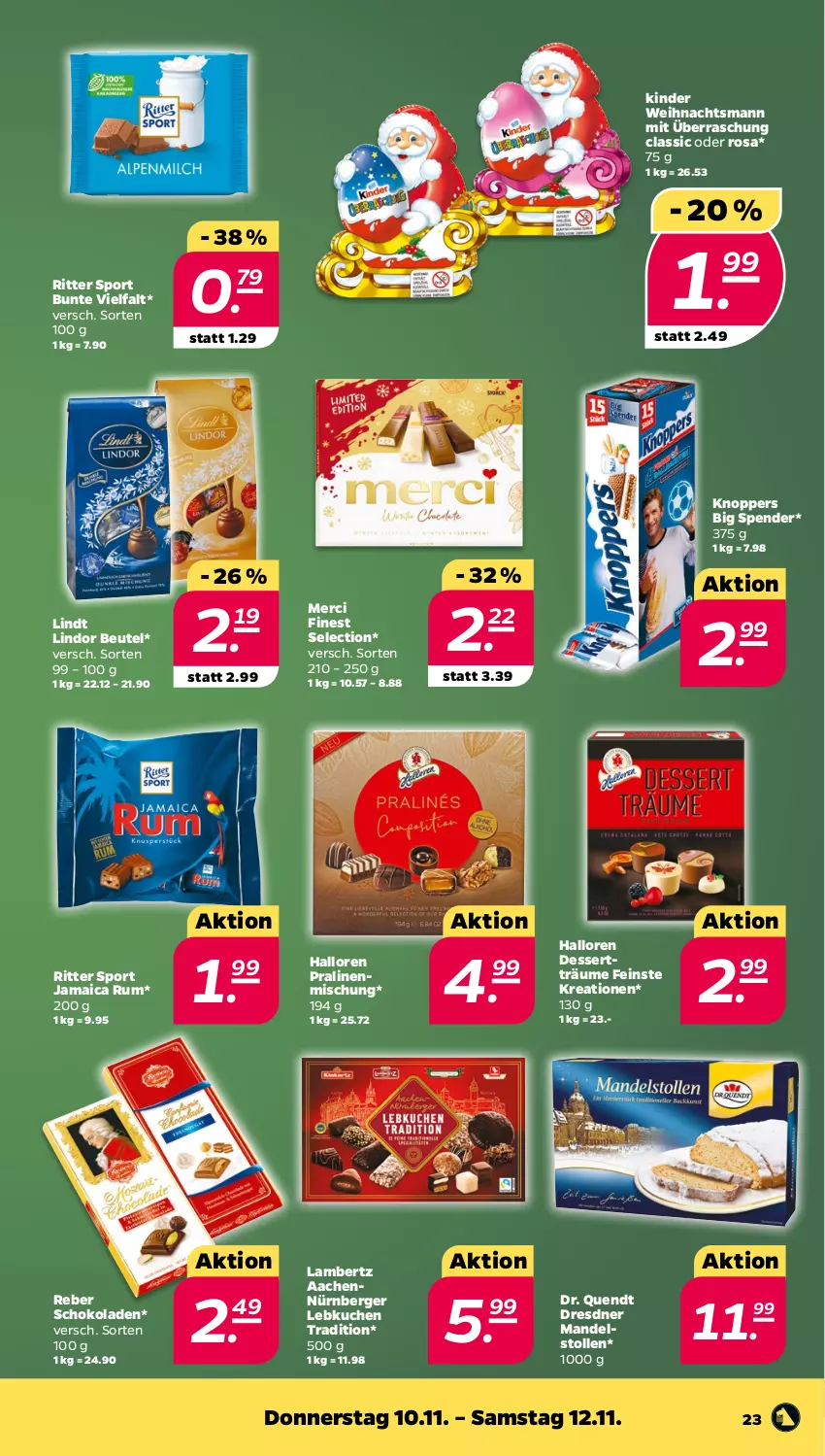 Aktueller Prospekt Netto - Woche 45 - von 07.11 bis 12.11.2022 - strona 23 - produkty: Amber, Berger, beutel, dessert, Kinder, knoppers, kuchen, lambertz, Lebkuchen, lindor, lindt, mandel, merci, nürnberger, Nürnberger Lebkuchen, pralinen, ritter, ritter sport, rum, schoko, schokolade, schokoladen, Sport, Stollen, Ti