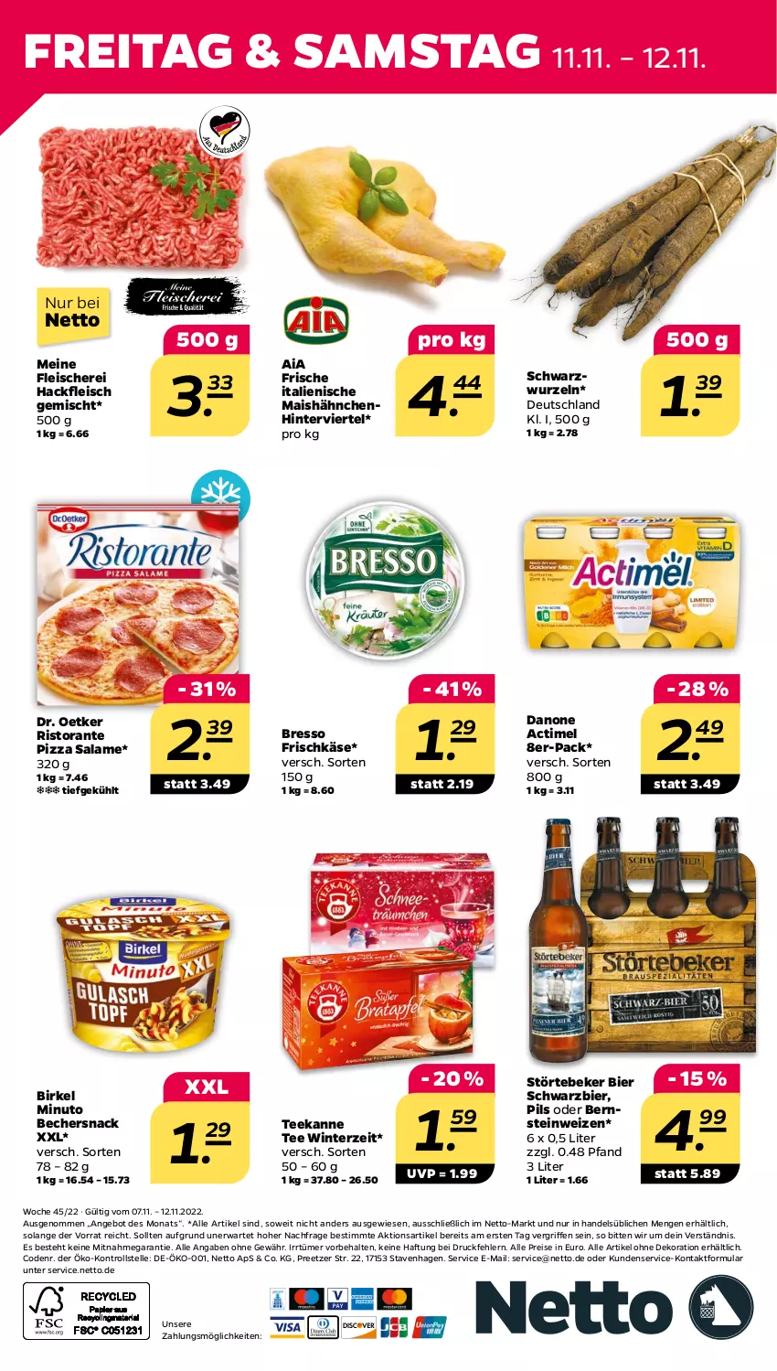 Aktueller Prospekt Netto - Woche 45 - von 07.11 bis 12.11.2022 - strona 24 - produkty: actimel, alle artikel ohne dekoration, angebot, Becher, bier, birkel, bresso, danone, dekoration, Dr. Oetker, eis, elle, fleisch, Fleischerei, frischkäse, hackfleisch, hackfleisch gemischt, Käse, mais, pils, pizza, pizza salame, reis, ristorante, ristorante pizza, Schere, snack, störtebeker, tee, teekanne, Ti