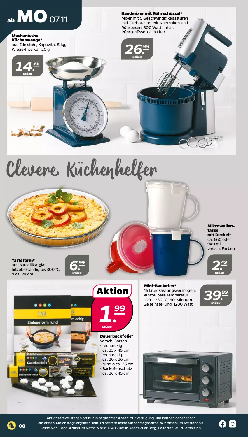 Aktueller Prospekt Netto - Woche 45 - von 07.11 bis 12.11.2022 - strona 8 - produkty: auer, Backfolie, backofen, decke, Deckel, edelstahl, elle, handmixer, küche, Küchen, Küchenhelfer, Küchenwaage, mikrowelle, Mixer, Ofen, Rührschüssel, schüssel, tasse, Ti, Waage, ZTE