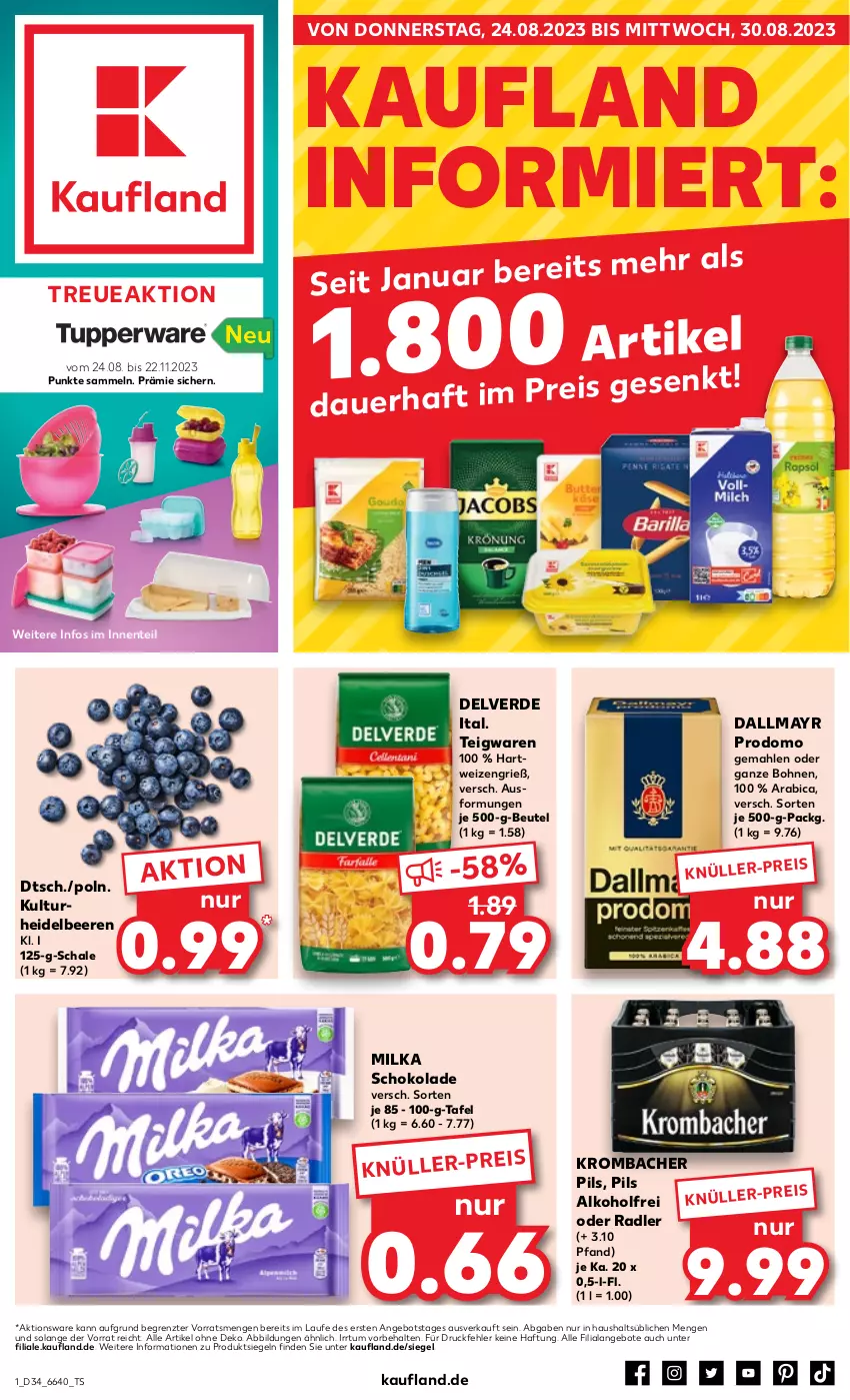 Aktueller Prospekt Kaufland - Prospekt - von 24.08 bis 30.08.2023 - strona 1 - produkty: alkohol, angebot, angebote, auer, beere, beeren, beutel, bohne, bohnen, dallmayr, dallmayr prodomo, eis, ente, erde, hartweizen, heidelbeere, heidelbeeren, krombache, krombacher, krombacher pils, milka, milka schokolade, oder radler, pils, prodomo, radler, Schal, Schale, schoko, schokolade, teigwaren, Ti, ZTE