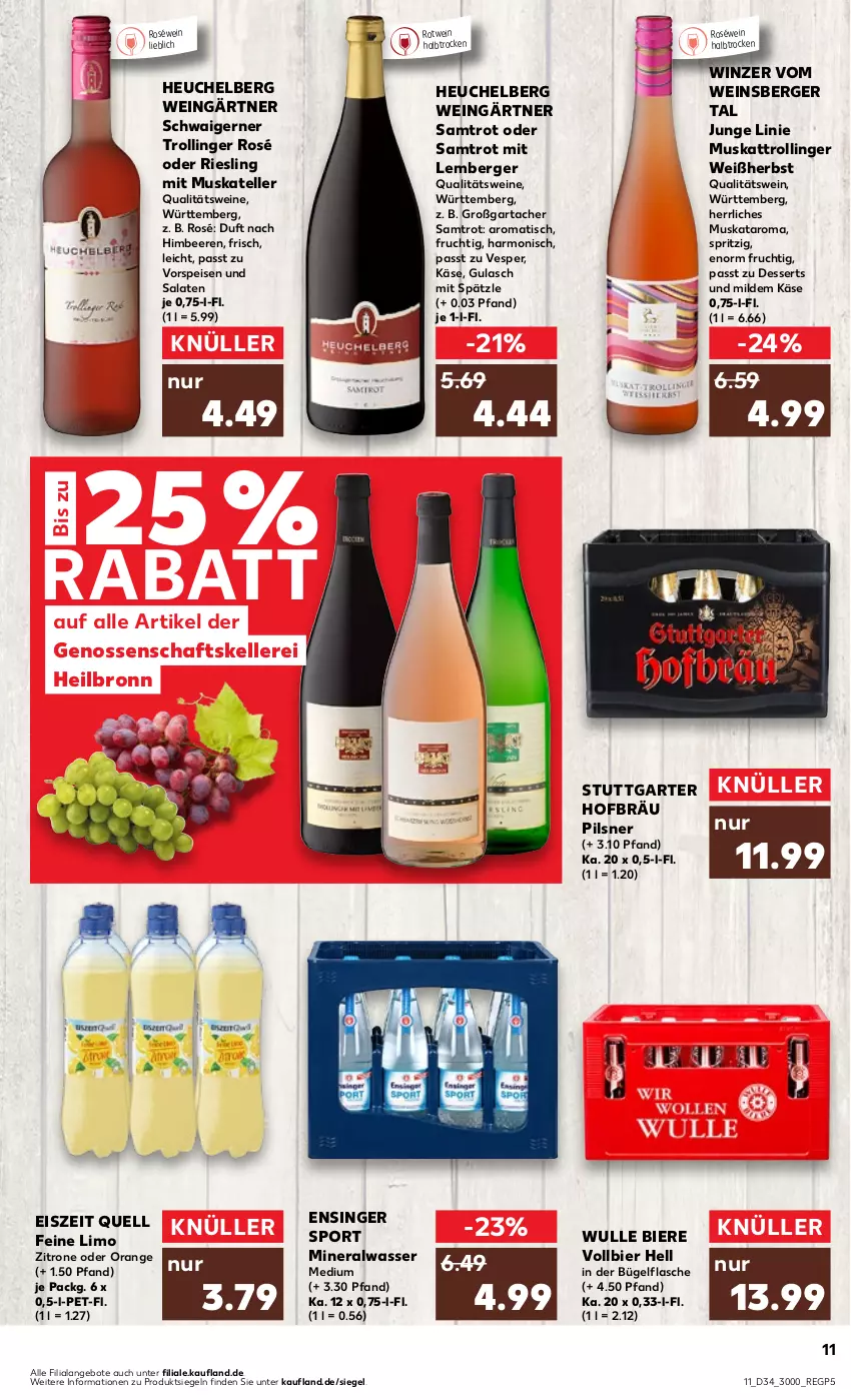 Aktueller Prospekt Kaufland - Prospekt - von 24.08 bis 30.08.2023 - strona 11 - produkty: Alwa, angebot, angebote, beere, beeren, Berger, bier, Biere, bügel, bügelflasche, dessert, desserts, eis, elle, flasche, frucht, gulasch, Heu, himbeer, himbeere, himbeeren, Käse, limo, mineralwasser, Mineralwasser Medium, orange, pils, pilsner, qualitätswein, qualitätsweine, riesling, roséwein, rotwein, salat, salate, Sport, teller, Ti, tisch, trolli, trollinger, vorspeise, wasser, wein, weine, zitrone