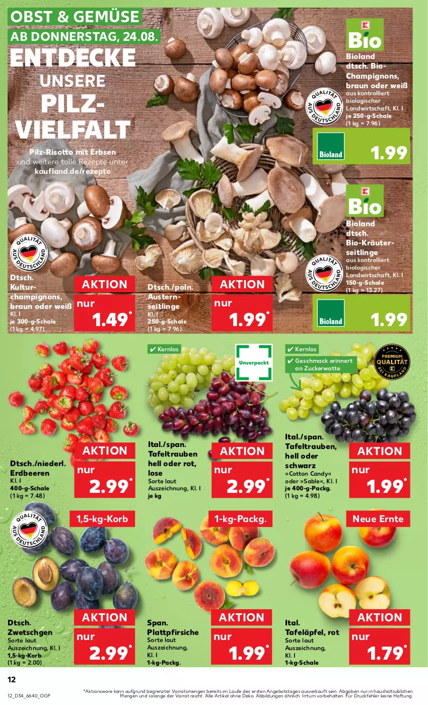 Aktueller Prospekt Kaufland - Prospekt - von 24.08 bis 30.08.2023 - strona 12 - produkty: angebot, aust, Austern, beere, beeren, bio, bioland, braun, champignon, champignons, decke, erbsen, erdbeere, erdbeeren, korb, kräuter, mac, obst, pfirsich, pfirsiche, plattpfirsiche, rezept, rezepte, risotto, Schal, Schale, tafeläpfel, tafeltrauben, Ti, trauben, trolli, ZTE, zucker