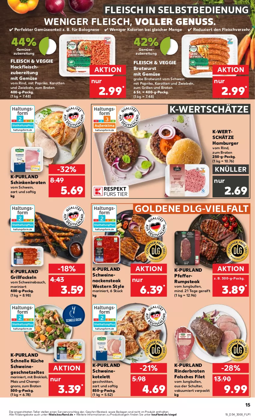 Aktueller Prospekt Kaufland - Prospekt - von 24.08 bis 30.08.2023 - strona 15 - produkty: angebot, angebote, Bau, besteck, bolognese, braten, bratwurst, brokkoli, burger, champignon, champignons, eis, elle, Falsches Filet, filet, fleisch, fleisch in selbstbedienung, geschirr, geschnetzeltes, grill, grillfackeln, grobe bratwurst, hackfleisch, hamburger, ilag, jungbullen, karotten, kotelett, küche, LG, mais, mit gemüse, mit paprika, Nackensteak, nuss, paprika, pfeffer, purland, rind, rinder, rinderbraten, rum, rumpsteak, saft, schinken, schinkenbraten, schnitten, schwein, schweine, Schweinebauch, schweinekotelett, schweinenacken, steak, teller, Ti, veggie, wein, weine, Weste, wurst, Zelt, zwiebel, zwiebeln