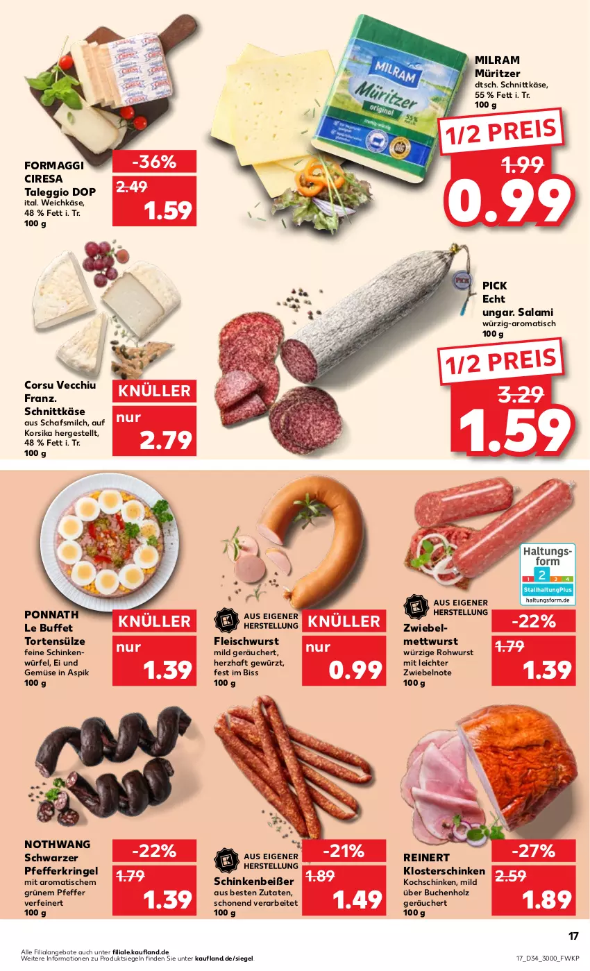 Aktueller Prospekt Kaufland - Prospekt - von 24.08 bis 30.08.2023 - strona 17 - produkty: angebot, angebote, buch, eis, fleisch, fleischwurst, gewürz, Holz, Käse, kochschinken, maggi, Mett, mettwurst, milch, milram, pfeffer, ponnath, reinert, reis, resa, ring, Rohwurst, salami, schinken, schnittkäse, Ti, tisch, torte, und gemüse, weichkäse, würfel, wurst, zwiebel, zwiebelmettwurst, zwiebeln