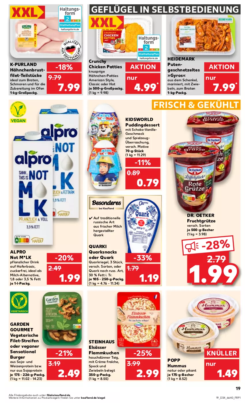 Aktueller Prospekt Kaufland - Prospekt - von 24.08 bis 30.08.2023 - strona 19 - produkty: alpro, angebot, angebote, Becher, braten, brustfilet, burger, crème fraîche, dessert, Dr. Oetker, drink, elle, filet, flammkuchen, frucht, fruchtgrütze, garden gourmet, Geflügel, geschnetzeltes, grütze, gyros, hafer, hähnchenbrust, hähnchenbrustfilet, henkel, hummus, ideal zum braten, kuchen, lamm, mac, milch, mit zwiebeln, natur, Ofen, Popp, pudding, purland, pute, Putengeschnetzeltes, quark, Quarki, Quarkriegel, reifen, riegel, schenkel, schoko, snack, snacks, soja, Speck, spielzeug, steinhaus, Ti, vanille, Vegeta, Zelt, zucker, zwiebel, zwiebeln