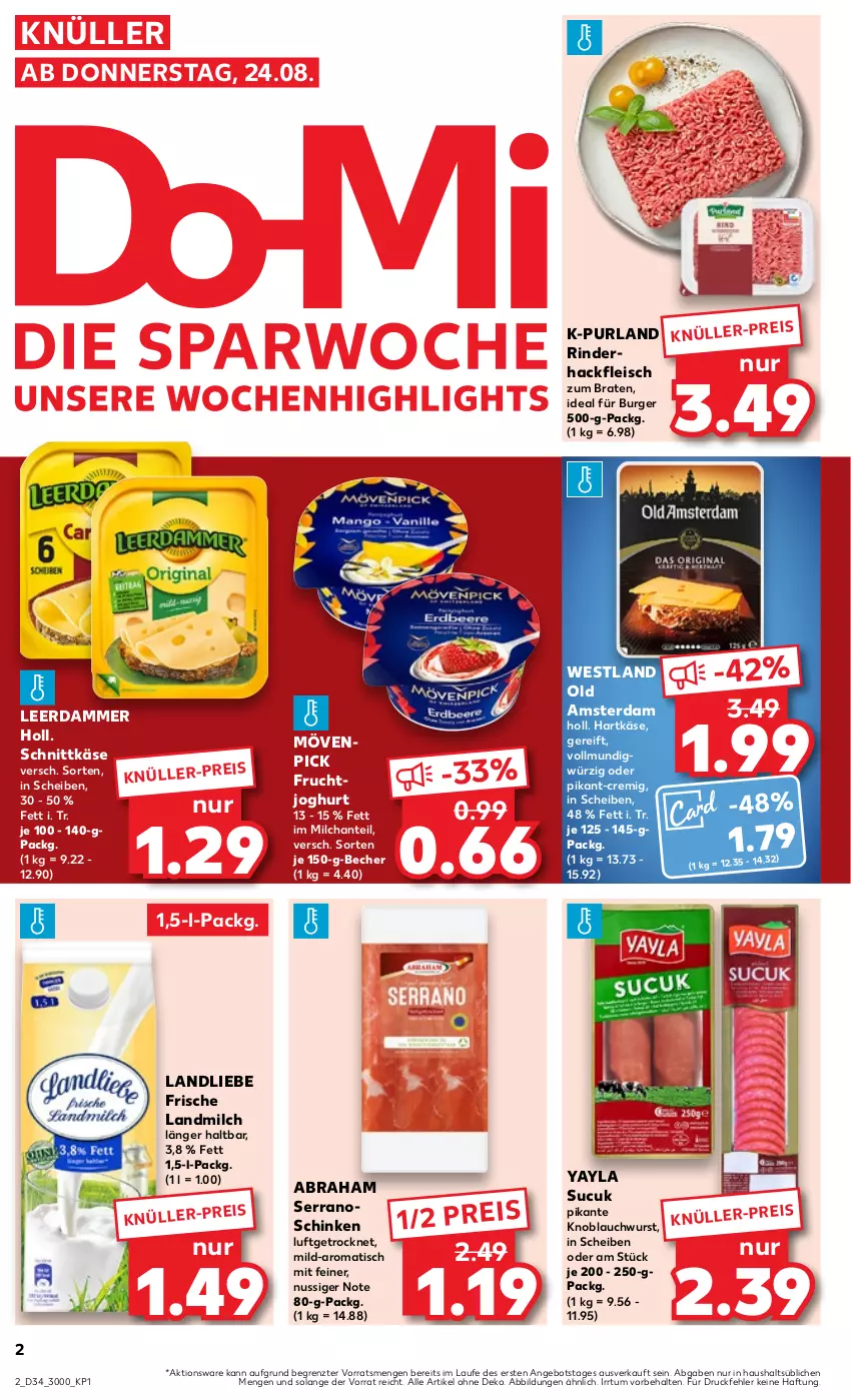 Aktueller Prospekt Kaufland - Prospekt - von 24.08 bis 30.08.2023 - strona 2 - produkty: angebot, Becher, braten, burger, eis, fleisch, frucht, fruchtjoghurt, hackfleisch, hartkäse, joghur, joghurt, Käse, knoblauch, landliebe, landmilch, leerdammer, milch, mövenpick, nuss, Old Amsterdam, purland, reis, rind, rinder, rinderhackfleisch, schinken, schnittkäse, serrano, Sucuk, Ti, tisch, wurst, ZTE