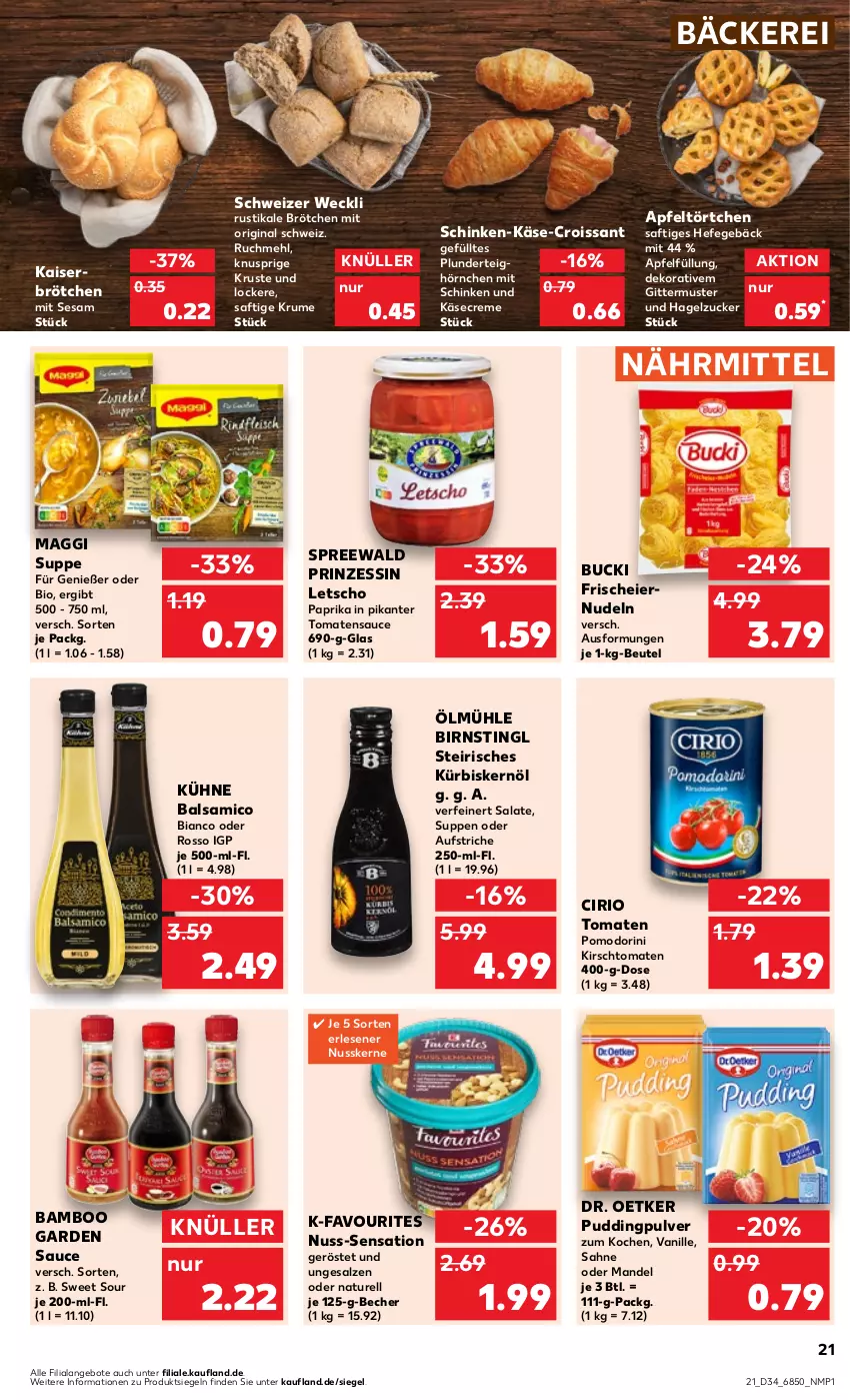 Aktueller Prospekt Kaufland - Prospekt - von 24.08 bis 30.08.2023 - strona 21 - produkty: angebot, angebote, apfel, aufstrich, balsam, balsamico, bamboo, Becher, beutel, bio, brötchen, cirio, creme, Croissant, Dr. Oetker, eier, eiernudeln, gin, Hefe, hörnchen, Kaiser, Käse, kirsch, Kühne, Kürbis, Kürbiskernöl, Letscho, maggi, mandel, mehl, natur, nudel, nudeln, nuss, paprika, Plunder, pudding, rel, rum, saft, sahne, salat, salate, salz, sauce, schinken, sesam, suppe, suppen, Ti, tomate, tomaten, tomatensauce, Törtchen, vanille, weck, zucker