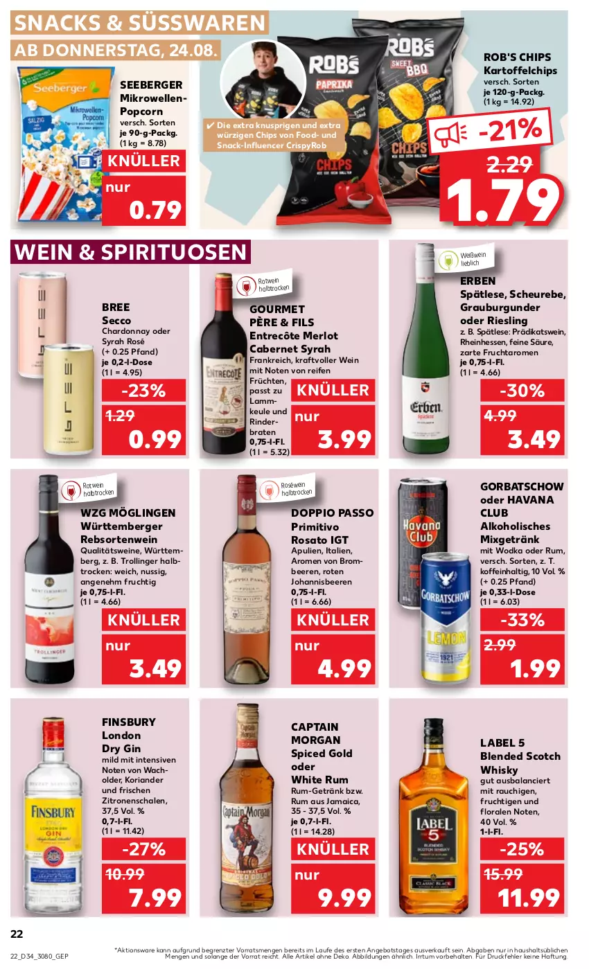 Aktueller Prospekt Kaufland - Prospekt - von 24.08 bis 30.08.2023 - strona 22 - produkty: alkohol, angebot, beere, beeren, Berger, blended scotch, blended scotch whisky, braten, bree, brombeere, brombeeren, burgunder, cabernet, Cap, captain morgan, chardonnay, chips, doppio passo, dry gin, ecco, elle, entrecôte, finsbury, frucht, früchte, früchten, getränk, gin, Gorbatschow, grauburgunder, Havana Club, Heu, kartoffel, kartoffelchips, Koriander, kraft, lamm, lammkeule, london dry, london dry gin, merl, merlot, mikrowelle, Mixgetränk, nuss, passo, popcorn, primitivo, qualitätswein, qualitätsweine, Rauch, reifen, Ria, riesling, rind, rinder, rinderbraten, rosato, roséwein, rotwein, rum, Schal, Schale, scotch, scotch whisky, seeberger, snack, snacks, spirituosen, süsswaren, Ti, trolli, trollinger, usb, wein, weine, Weißwein, whisky, white rum, wodka, zitrone, zitronen, ZTE