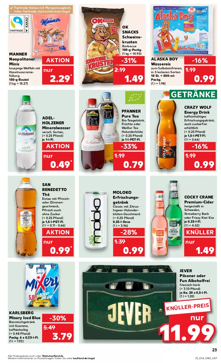 Aktueller Prospekt Kaufland - Prospekt - von 24.08 bis 30.08.2023 - strona 23 - produkty: alkohol, Alwa, angebot, angebote, barbecue, beutel, bier, bio, Blüte, cider, creme, drink, eis, eistee, energy drink, erfrischungsgetränk, früchte, getränk, getränke, haselnuss, Haselnusscreme, holunder, holunderblüte, Holz, ingwer, jever, jever pilsener, kakao, karlsberg, karlsberg mixery, kiwi, mac, Manner, mineralwasser, Mixer, mixery, nuss, pfanne, Pfanner, pfirsich, pils, pilsener, Rana, reis, schwein, schweine, snack, snacks, tee, Ti, waffeln, wasser, wassereis, wein, weine, zitrone, zitronen, zucker