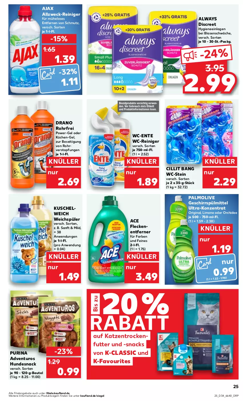 Aktueller Prospekt Kaufland - Prospekt - von 24.08 bis 30.08.2023 - strona 25 - produkty: adventuros, ajax, Alwa, Always, angebot, angebote, beutel, Cillit, cillit bang, Discreet, ente, Fleckenentferner, geschirr, geschirrspülmittel, gin, hundesnack, Katzentrockenfutter, küche, Küchen, Kuschelweich, limo, olive, orchidee, palmolive, power-gel, purina, reiniger, snack, snacks, spülmittel, Ti, topf, trockenfutter, wc-reiniger, weck, weichspüler