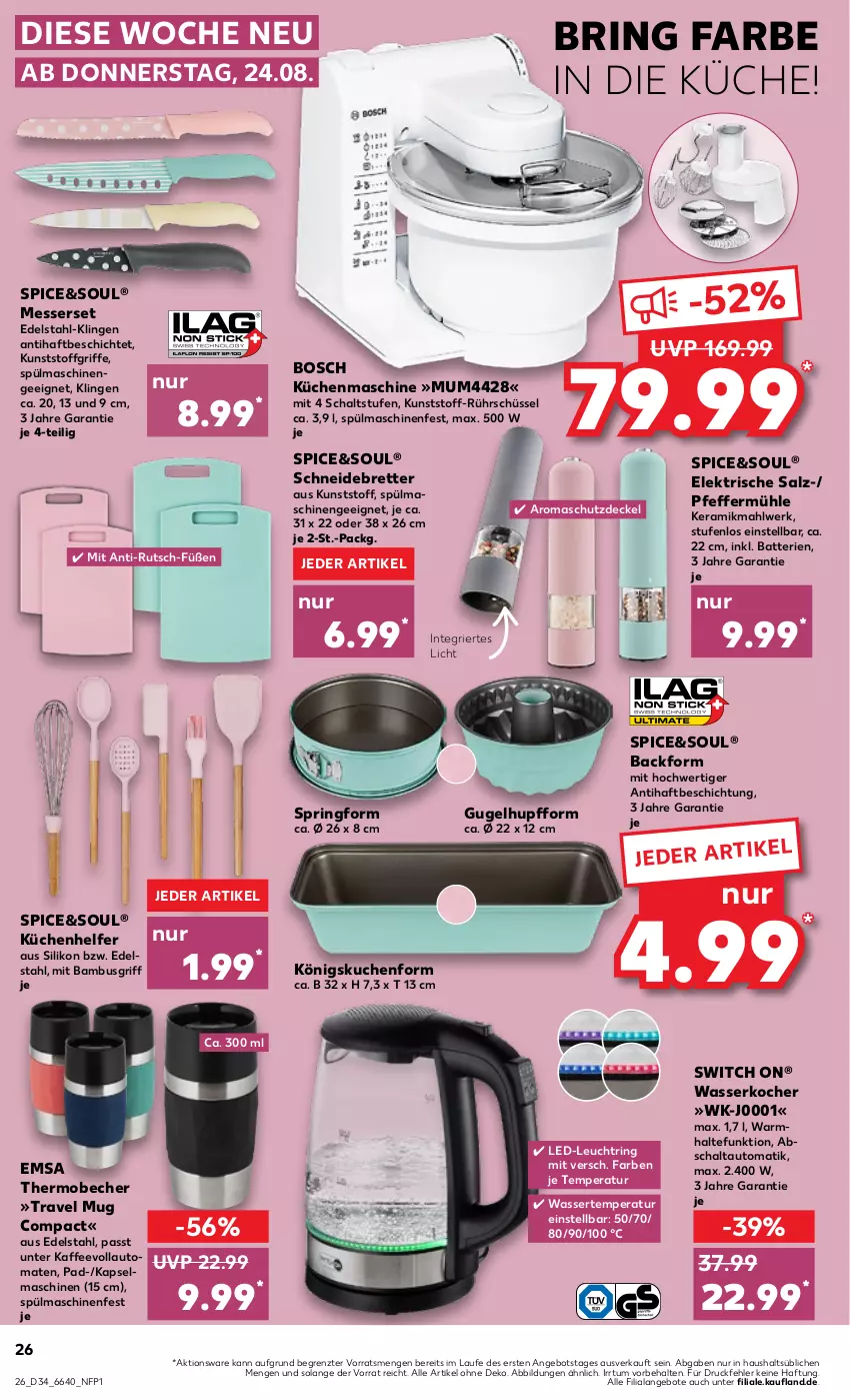 Aktueller Prospekt Kaufland - Prospekt - von 24.08 bis 30.08.2023 - strona 26 - produkty: angebot, angebote, auto, Backform, bambus, batterie, batterien, Becher, bosch, decke, Deckel, edelstahl, emsa, kaffee, kaffeevollautomat, kaffeevollautomaten, Kapselmaschine, Kocher, küche, Küchen, kuchen, Küchenhelfer, küchenmaschine, messer, Messerset, pfeffer, Pfeffermühle, ring, Rührschüssel, salz, Schal, schneidebrett, schüssel, Springform, spülmaschinen, Ti, tomate, tomaten, travel mug, vollautomaten, wasser, wasserkocher, ZTE