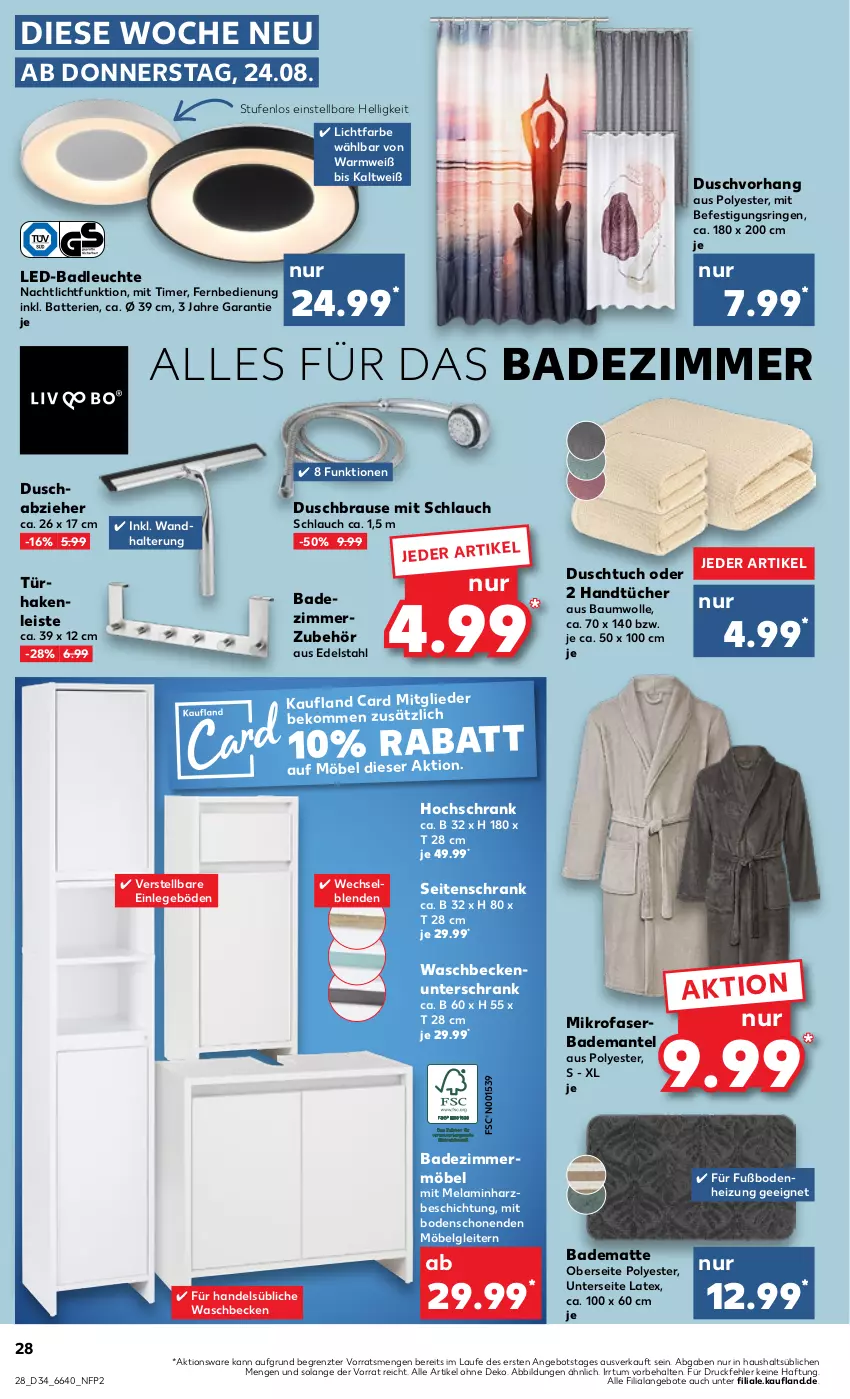 Aktueller Prospekt Kaufland - Prospekt - von 24.08 bis 30.08.2023 - strona 28 - produkty: angebot, angebote, Bad, Bademantel, badematte, batterie, batterien, Bau, baumwolle, Beckenunterschrank, beko, brause, duschtuch, duschvorhang, edelstahl, eis, fernbedienung, Hakenleiste, handtücher, hochschrank, Leuchte, LG, Mantel, mikrofaser, möbel, Nachtlicht, ring, schlauch, Schrank, Seitenschrank, Ti, timer, tuc, tücher, unterschrank, wandhalterung, waschbecken, waschbeckenunterschrank, wolle, ZTE