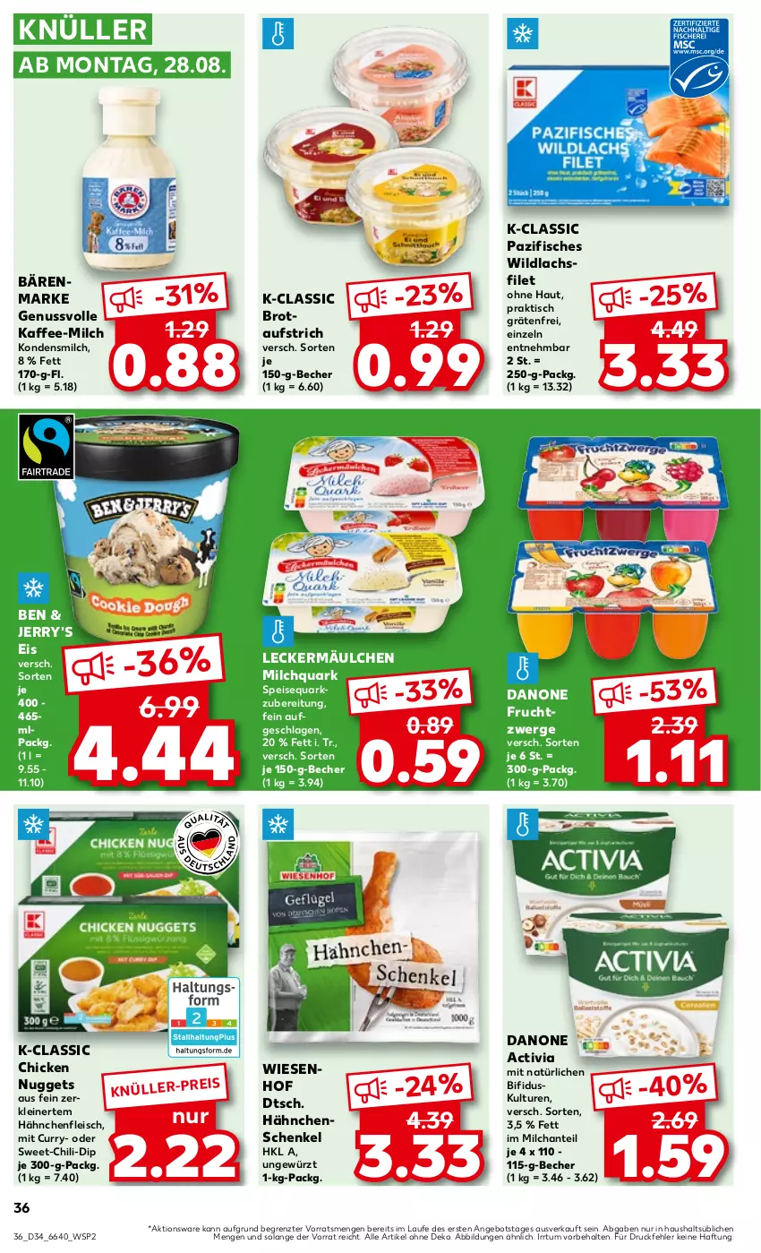 Aktueller Prospekt Kaufland - Prospekt - von 24.08 bis 30.08.2023 - strona 36 - produkty: activia, angebot, aufstrich, bärenmarke, Becher, bifi, brot, brotaufstrich, chicken nuggets, chili, curry, danone, danone activia, danone fruchtzwerge, dip, eis, filet, fisch, fische, fleisch, frucht, fruchtzwerge, gewürz, Hähnchenfleisch, hähnchenschenkel, henkel, kaffee, kondensmilch, lachs, lachsfilet, leckermäulchen, leine, milch, nuggets, nuss, quark, schenkel, speisequark, Ti, tisch, wiesenhof, Wild, wildlachs, ZTE