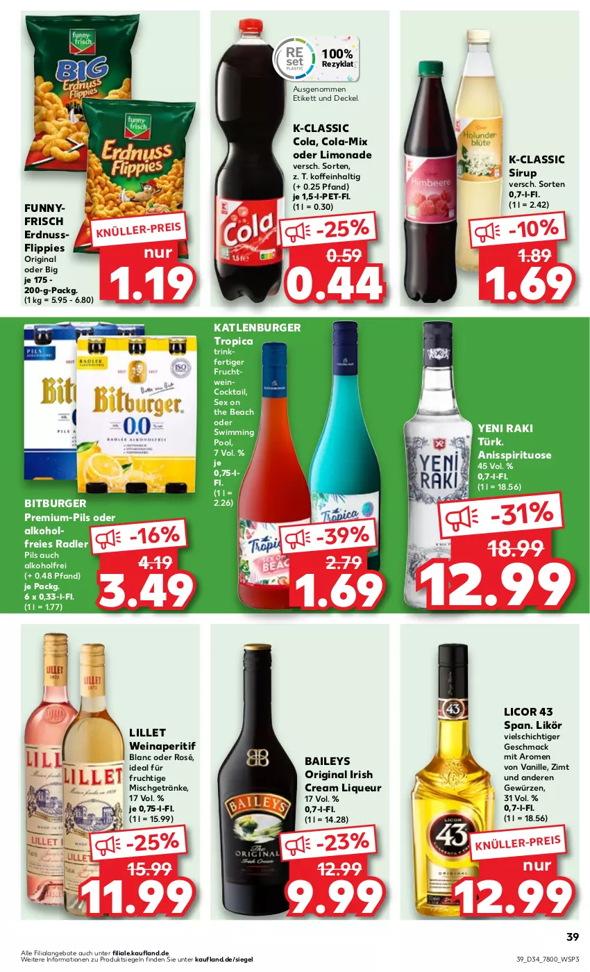 Aktueller Prospekt Kaufland - Prospekt - von 24.08 bis 30.08.2023 - strona 39 - produkty: alkohol, angebot, angebote, aperitif, baileys, bitburger, burger, cocktail, cola, decke, Deckel, eis, erdnuss, flippies, frucht, getränk, getränke, gewürz, gin, irish cream, katlenburger, licor, licor 43, likör, lillet, limo, limonade, liqueur, mac, nuss, pils, pool, radler, sirup, Ti, vanille, wein, yeni raki