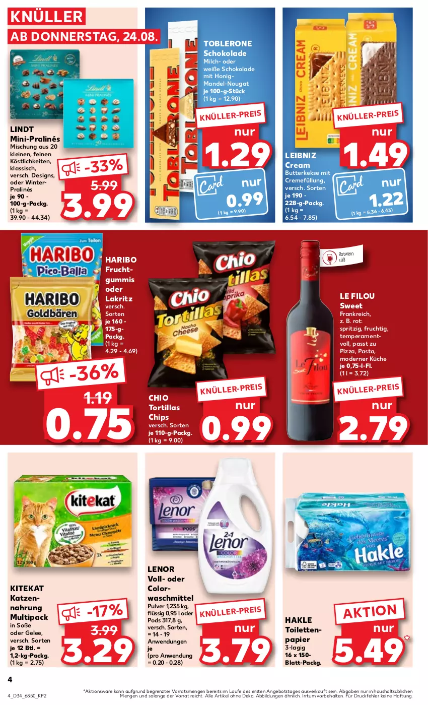 Aktueller Prospekt Kaufland - Prospekt - von 24.08 bis 30.08.2023 - strona 4 - produkty: angebot, butter, butterkeks, chips, colorwaschmittel, creme, eis, frucht, fruchtgummi, fruchtgummis, gelee, hakle, hakle toilettenpapier, haribo, honig, katzennahrung, keks, kekse, kitekat, küche, Lakritz, leibniz, leine, lenor, lindt, mandel, milch, Mode, oder lakritz, papier, pasta, pizza, Pods, rotwein, schoko, schokolade, Soße, Ti, toblerone, toilettenpapier, tortilla, tortillas, waschmittel, wein, Weiße Schokolade, ZTE