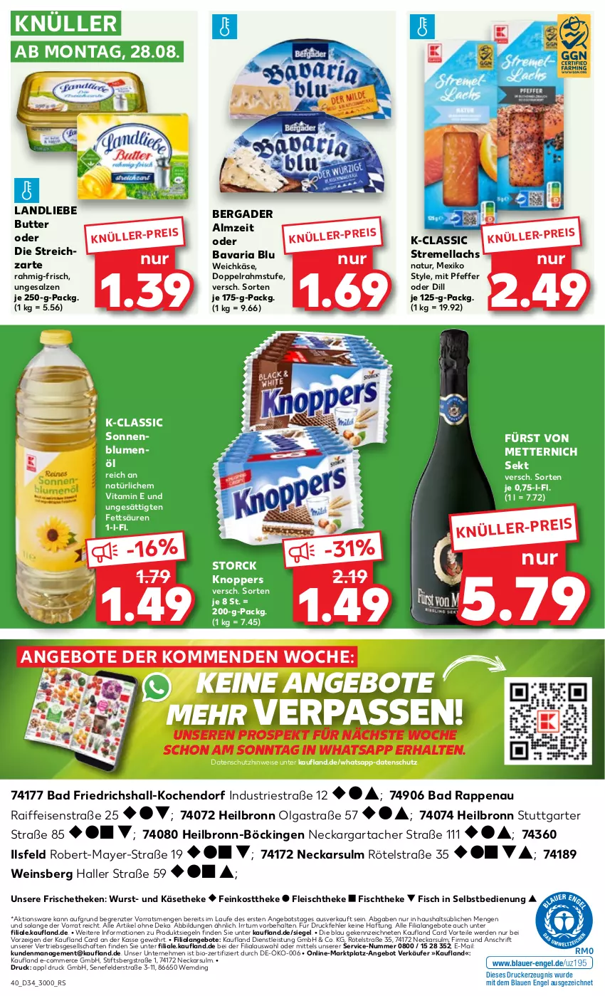 Aktueller Prospekt Kaufland - Prospekt - von 24.08 bis 30.08.2023 - strona 40 - produkty: angebot, angebote, Astra, Bad, bavaria blu, bergader, bio, blume, blumen, blumenöl, butter, doppelrahmstufe, drucker, eis, Engel, erde, feinkost, feinkosttheke, fisch, fischtheke, fleisch, fürst von metternich, Käse, käsetheke, kerze, knoppers, lachs, landliebe, LG, Mett, metternich, natur, pfeffer, Ria, salz, sekt, sonnenblume, sonnenblumen, sonnenblumenöl, storck, Streichzart, Ti, vita, weichkäse, wein, wurst, ZTE