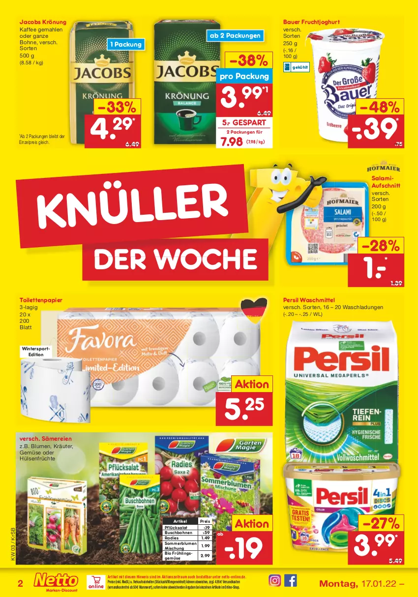 Aktueller Prospekt Netto Marken-Discount - Filial-Angebote - von 17.01 bis 22.01.2022 - strona 2 - produkty: auer, aufschnitt, Bau, Bauer, bio, blume, blumen, bohne, bohnen, Buschbohnen, eis, frucht, früchte, fruchtjoghurt, hülsenfrüchte, jacobs, jacobs krönung, joghur, joghurt, kaffee, kräuter, ndk, papier, persil, persil waschmittel, reis, salami, salat, senf, Sport, Ti, toilettenpapier, versandkostenfrei, waschmittel