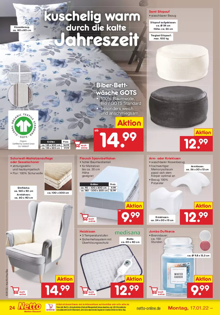 Aktueller Prospekt Netto Marken-Discount - Filial-Angebote - von 17.01 bis 22.01.2022 - strona 24 - produkty: armlehnen, auer, Bau, baumwolle, bett, bettwäsche, bio, Duftkerze, eis, Heizkissen, jumbo, kerze, kissen, Kissenbezug, Kniekissen, matratze, matratzen, matratzenauflage, ndk, reis, sessel, spannbettlaken, Ti, tisch, überhitzungsschutz, versandkostenfrei, wolle