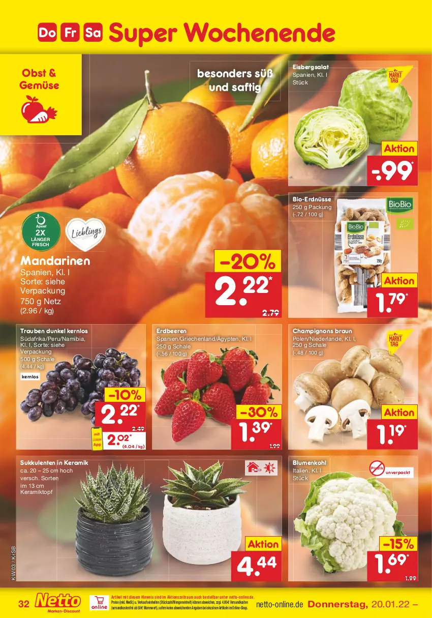 Aktueller Prospekt Netto Marken-Discount - Filial-Angebote - von 17.01 bis 22.01.2022 - strona 32 - produkty: asti, beere, beeren, bio, blume, blumen, blumenkohl, braun, champignon, champignons, champignons braun, eis, eisbergsalat, ente, erdbeere, erdbeeren, erdnüsse, mandarine, mandarinen, ndk, obst, reis, saft, salat, Schal, Schale, Sukkulente, Ti, topf, trauben, versandkostenfrei